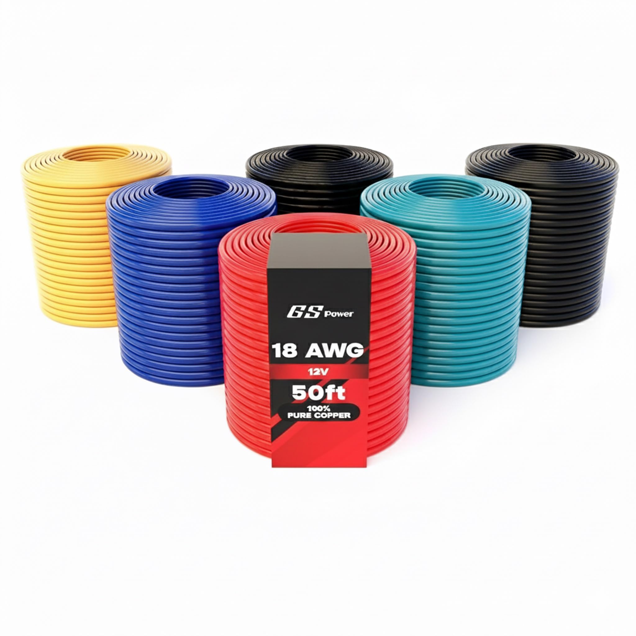GS Power 300ft 18 Gauge Wire Oxygen Free Pure Copper Primary Wire, 50ft Roll, 6 Colors, OFC 12v 18AWG for Automotive Audio Video Electric Trailer Stereo RC Car Home Theater LED Lamp Wiring Electrical