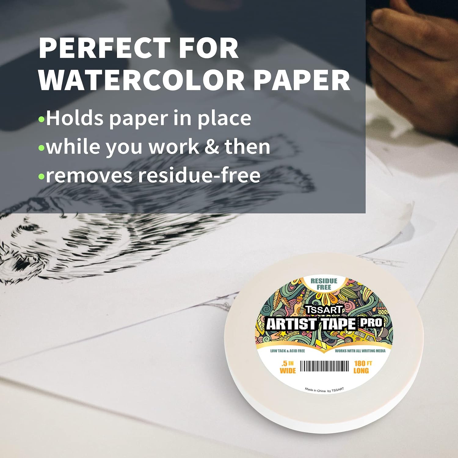 White Artist Tape Pro - Low Tack Masking Artists Tape for Drafting Art Watercolor Painting and All Paper Media - Acid Free 1/2inch Wide 180FT Long