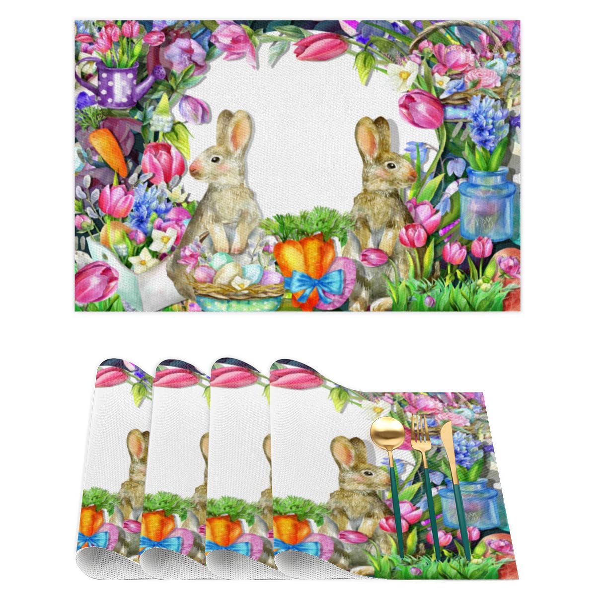 Set di 6 tovagliette decorative con coniglio, motivo floreale