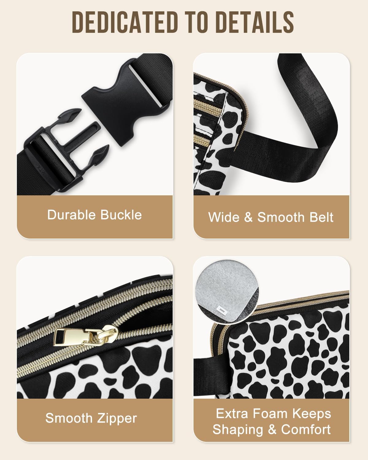 Capolo Fanny Packs for Women Fashion Waist Packs Bag with Adjustable Strap and 4 Zipper Pockets Waterproof Everywhere Crossbody Belt Bag for Workout Running Travelling(Cow Print) - Image 4