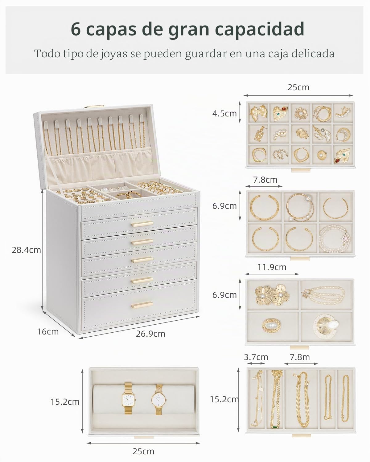 VLANDO Joyeros Mujer Organizador, Joyero Mujer de 6 Niveles | Joyeros mujer organizador grande, regalo para mujeres, para pendientes anillos joyas con cajones