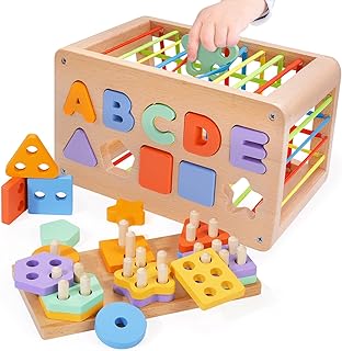 Montessori Toys for 1 Year Old, Toddler Wooden Shape Sorter Activity Cube Baby Toys for 6-12-18 Months, Sorting & Stacking Blocks Puzzles Learning Educational Toys Gifts for 1 2 3 Year Old Boys Girls