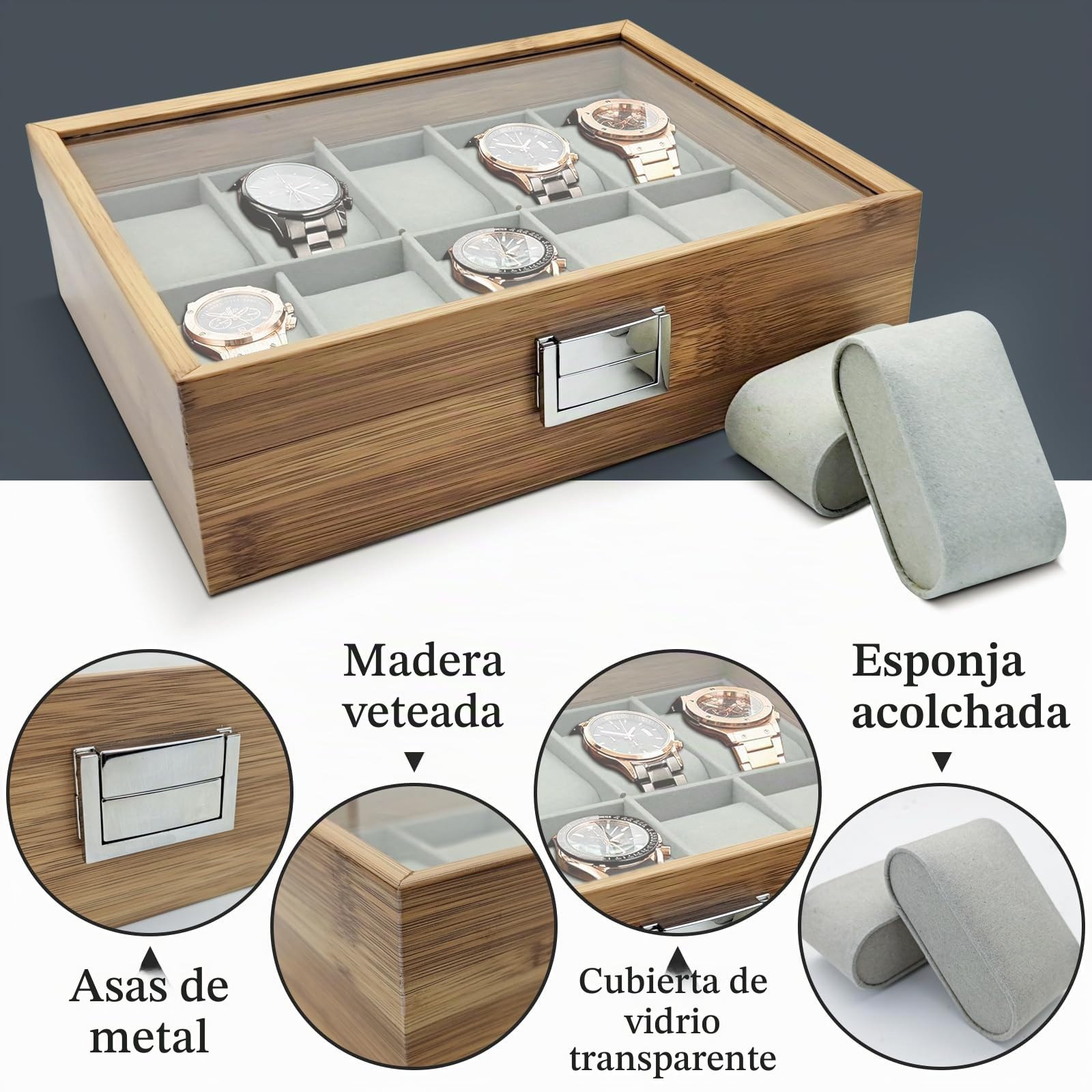 Caja Relojes de Madera con Almohada Extraíble, Estuche Relojero Organizador para Hombre 10 Ranuras