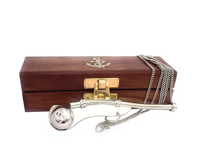 Shoptreed Nautical Nickel Plated Brass Boatswain/Bosun Pipe Whistle Chain with Wooden Box
