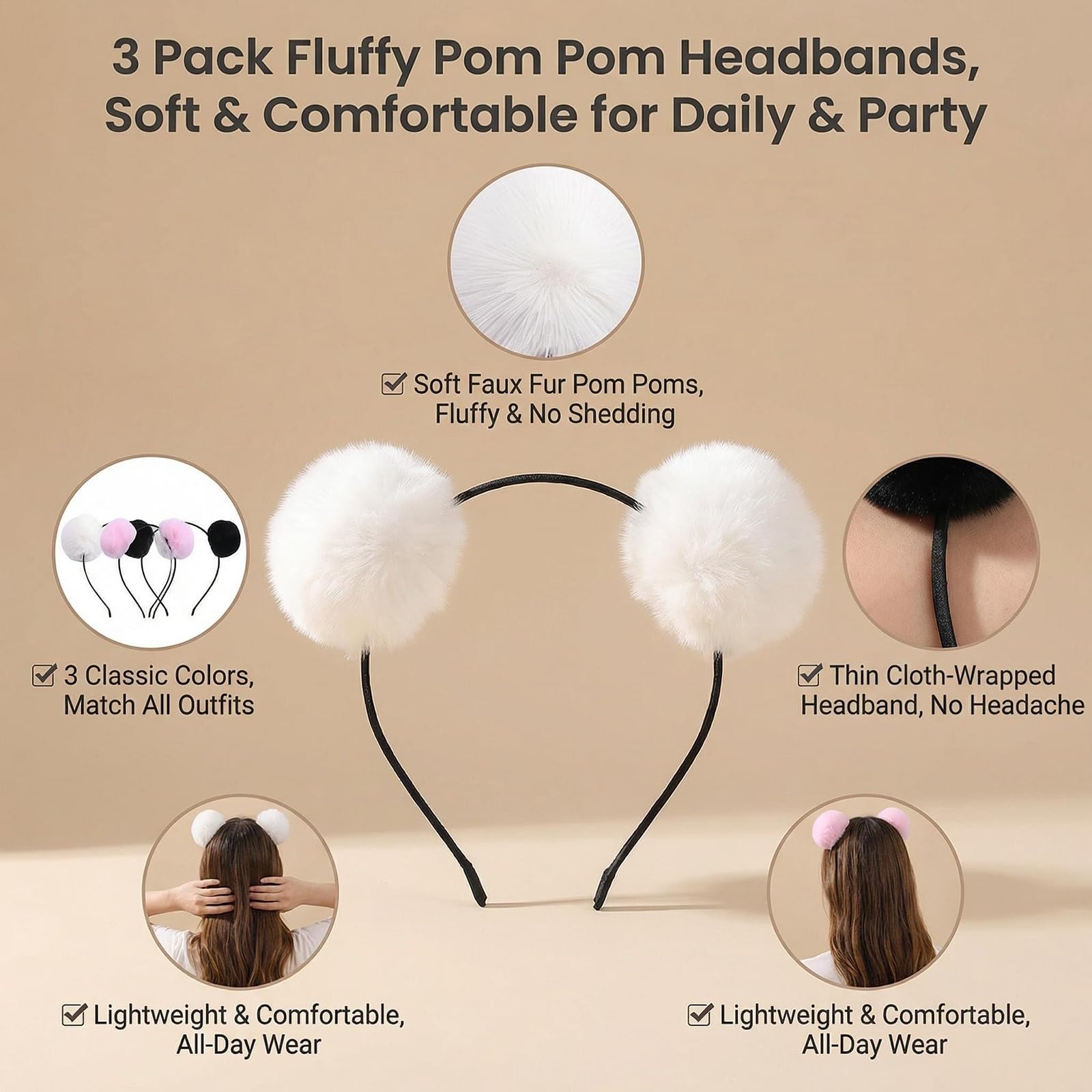 Amazon.com : vipolish Pom-Pom Cat Ear Headband, 3PCS Fluffy Pom