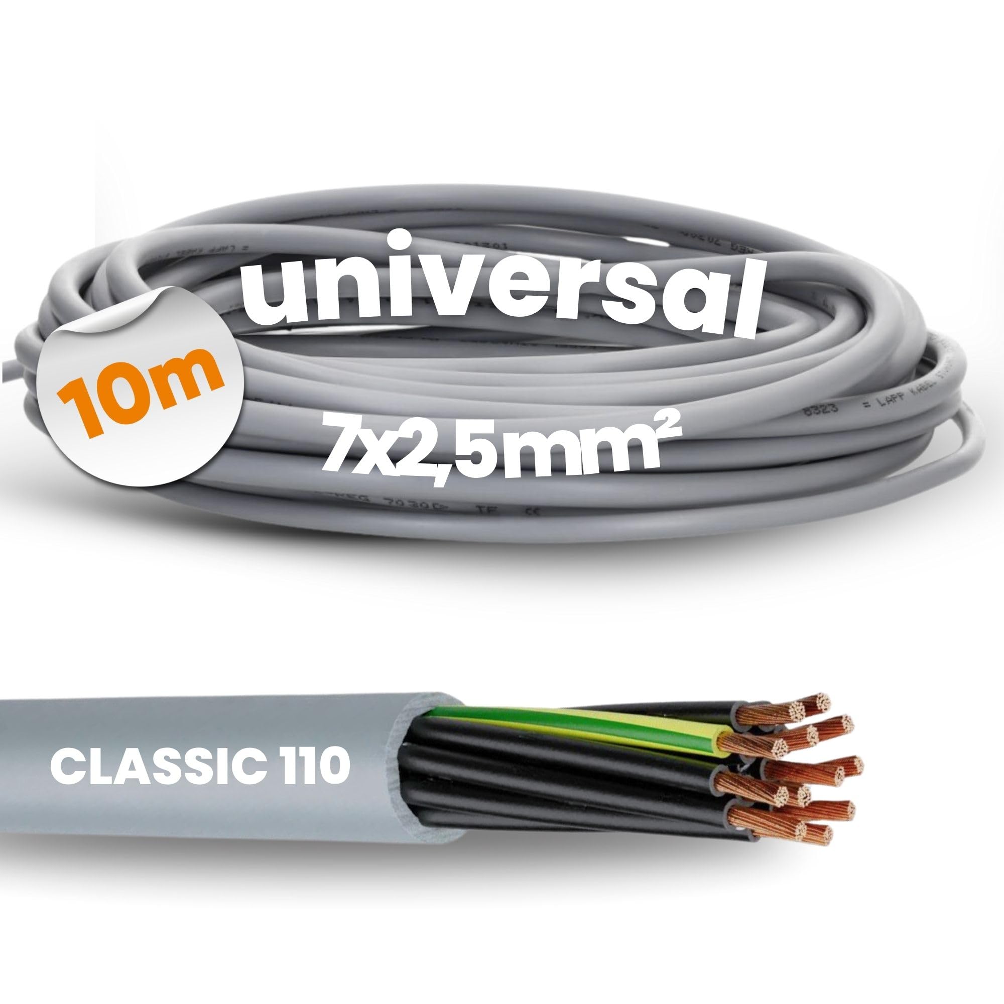 Lapp 10m Ölflex Classic 110 PVC Mantelleitung 7x2,5 mm² Steuerleitung | Ölbeständige 7G2,5 mm² Leitung mit Schutzleiter, VDE-registriert, flammwidrig, grau, für feste oder flexible Verlegung