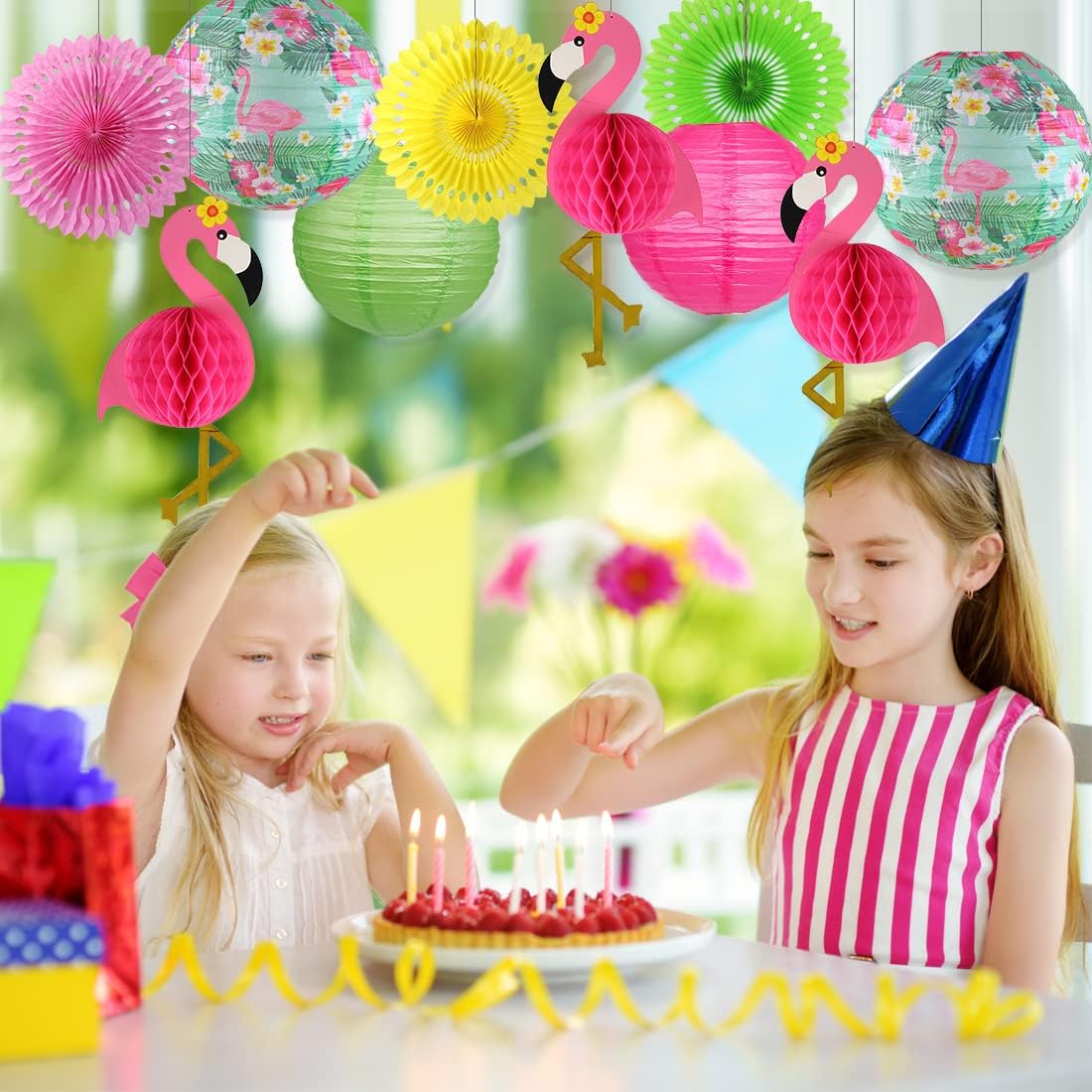 Flamingo Party Decorations, Hawaiian Party Supplies Flamingo Palm Leaves Hibiscus Flowers Paper Lanterns Flamingo Honeycomb Tissue Paper Fans for Tropical Luau Party Decorations (Hot Pink)