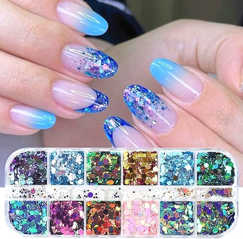 Miniatura 3 de Lentejuelas hexagonales gruesas con purpurina holográfica en polvo de sirena en escamas brillantes para arte de uñas, lentejuelas iridiscentes,