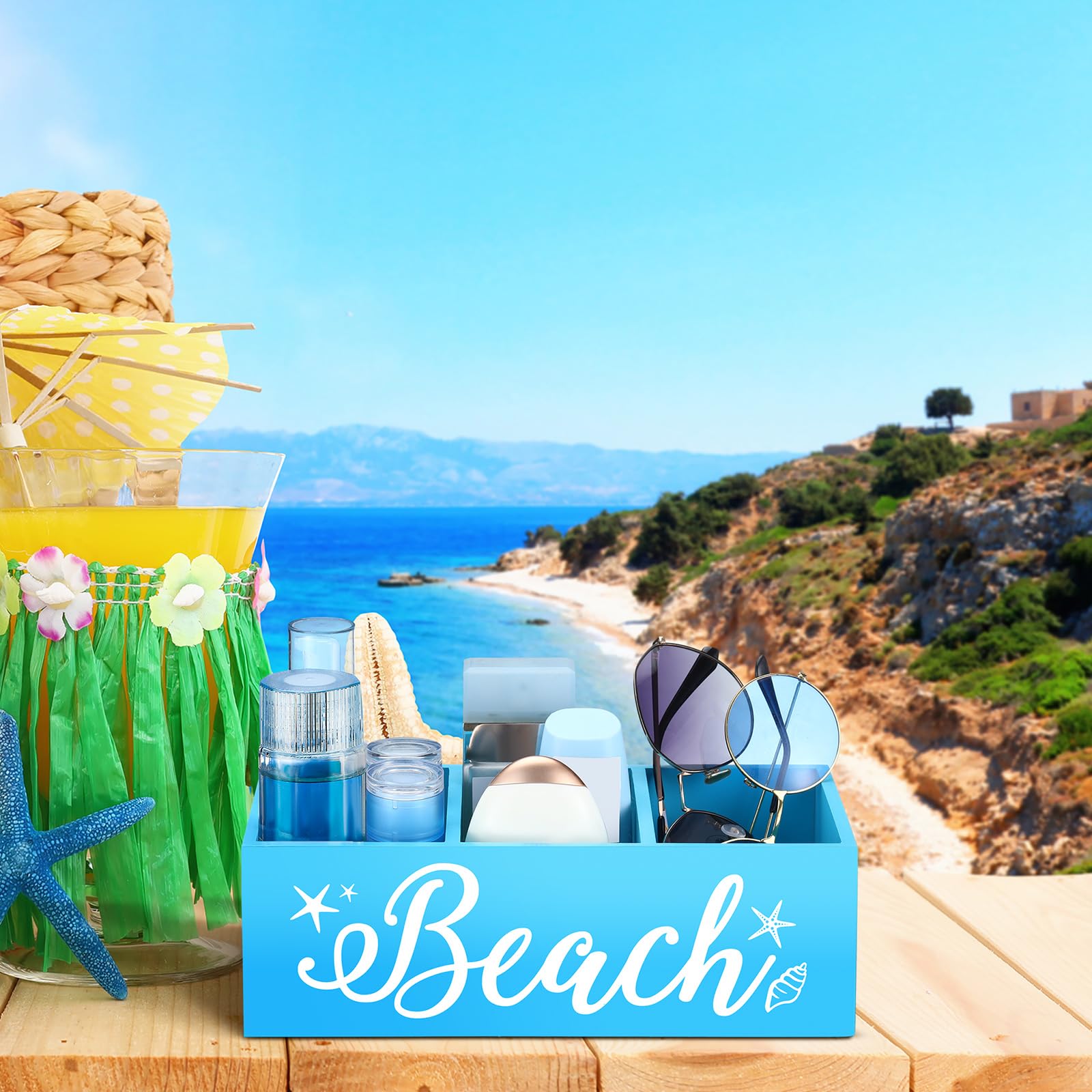 CroBlissful Strand-Aufbewahrungskorb, blaue Sommer-Holzkiste mit drei Fächern, Toilettentank-Tablett für drinnen und draußen, Schwimmbad, Dekoration, Sonnenschutz, Sonnenbrille, Pool, Spielzeug