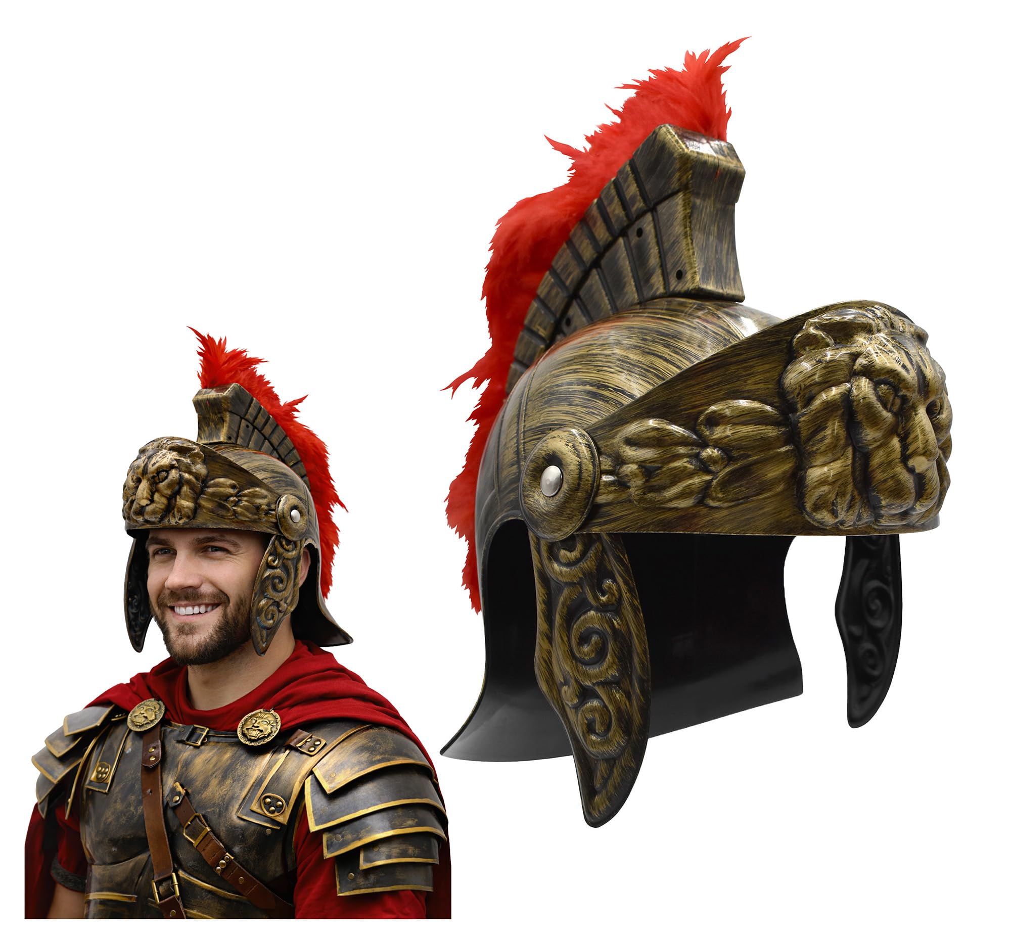 Adult Roman Helmet With Red Fake Feather Plume Greek Gladiator Costume Helmets Trojan Legion Helmet