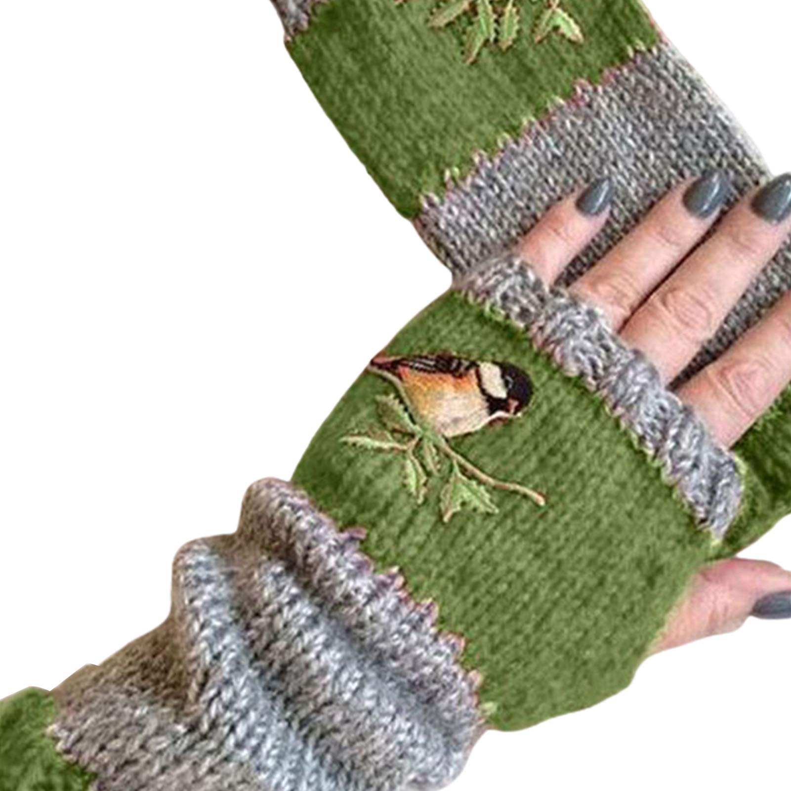 dSNAPoutof Women Knitted Gloves, Autumn Winter Warm Gloves, Bird Embroidered Knit Fingerless Color Block Stretchy Mitten