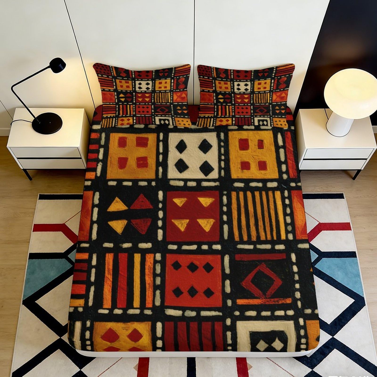 3D Printed African Geometric Pattern Fitted Sheet Microfiber Soft Breathable Tribal Art Mattress Cover for Bedroom Guest Room Decor, Anti-Slip, Machine Washable 90x200x25cm