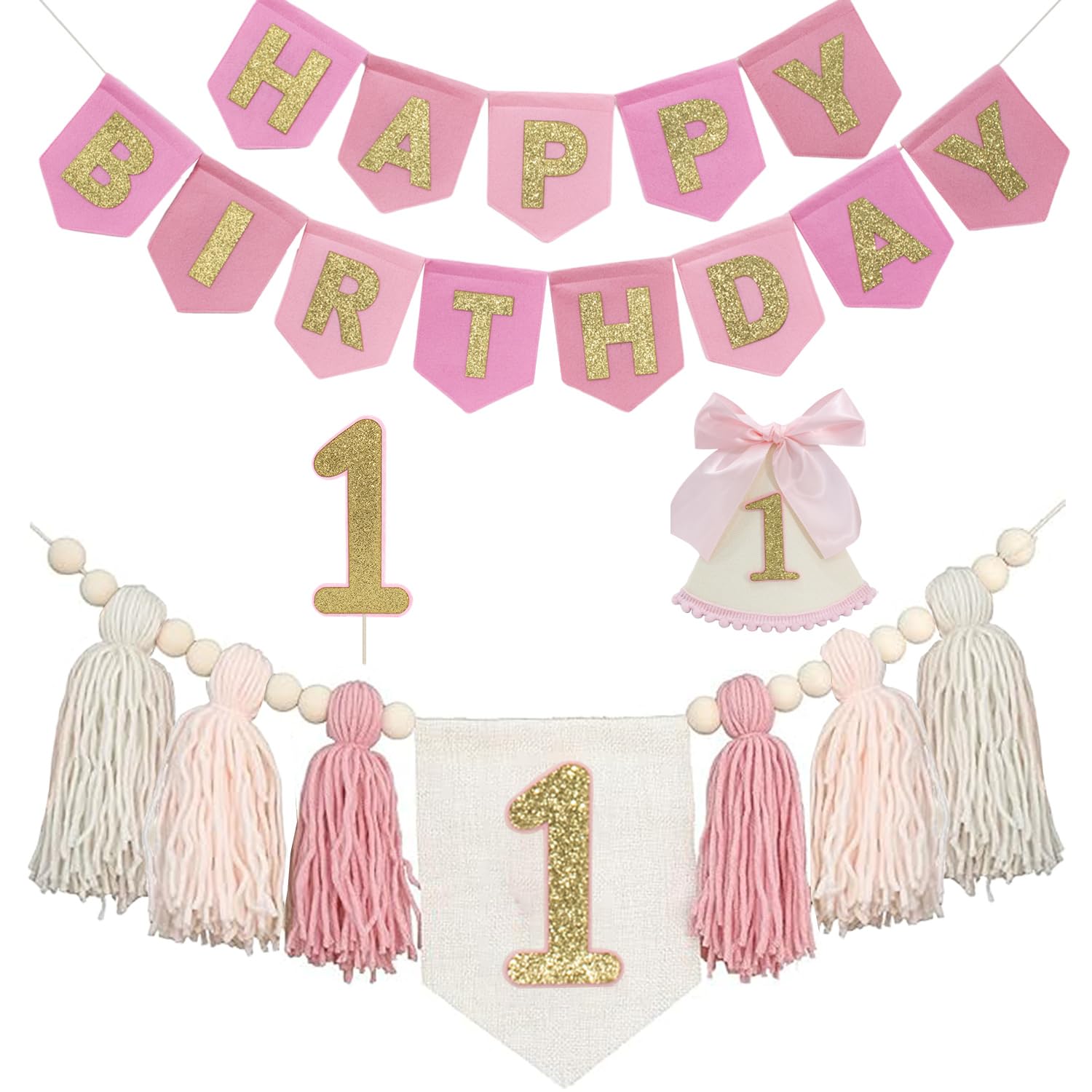 1st Birthday Decorations For Girls- First Birthday Outfit Girl With Felt Happy Birthday Banner First Birthday High Chair Banner Tassel Garland，1st Birthday Hat & Cake Topper Birthday Party Supplies — image 1