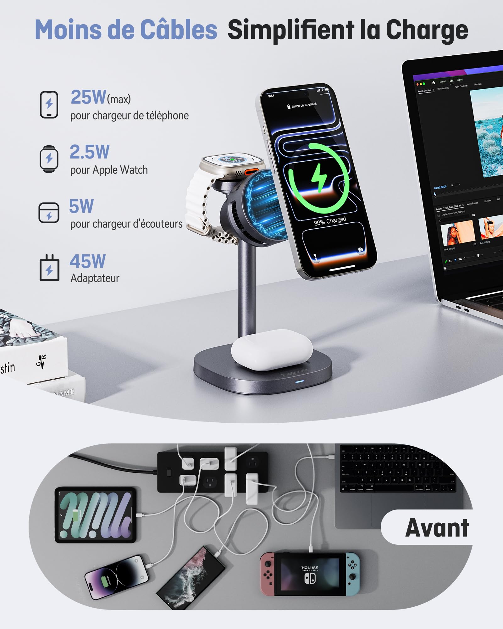 Station de Charge Magnétique Qi2.2 25W，Chargeur sans Fil 3 en 1 Pliable pour iPhone 17/16/15/14/13/12,Support de Recharge Qi2 Compatible pour Apple Watch AirPods, Adaptateur 45W Inclus