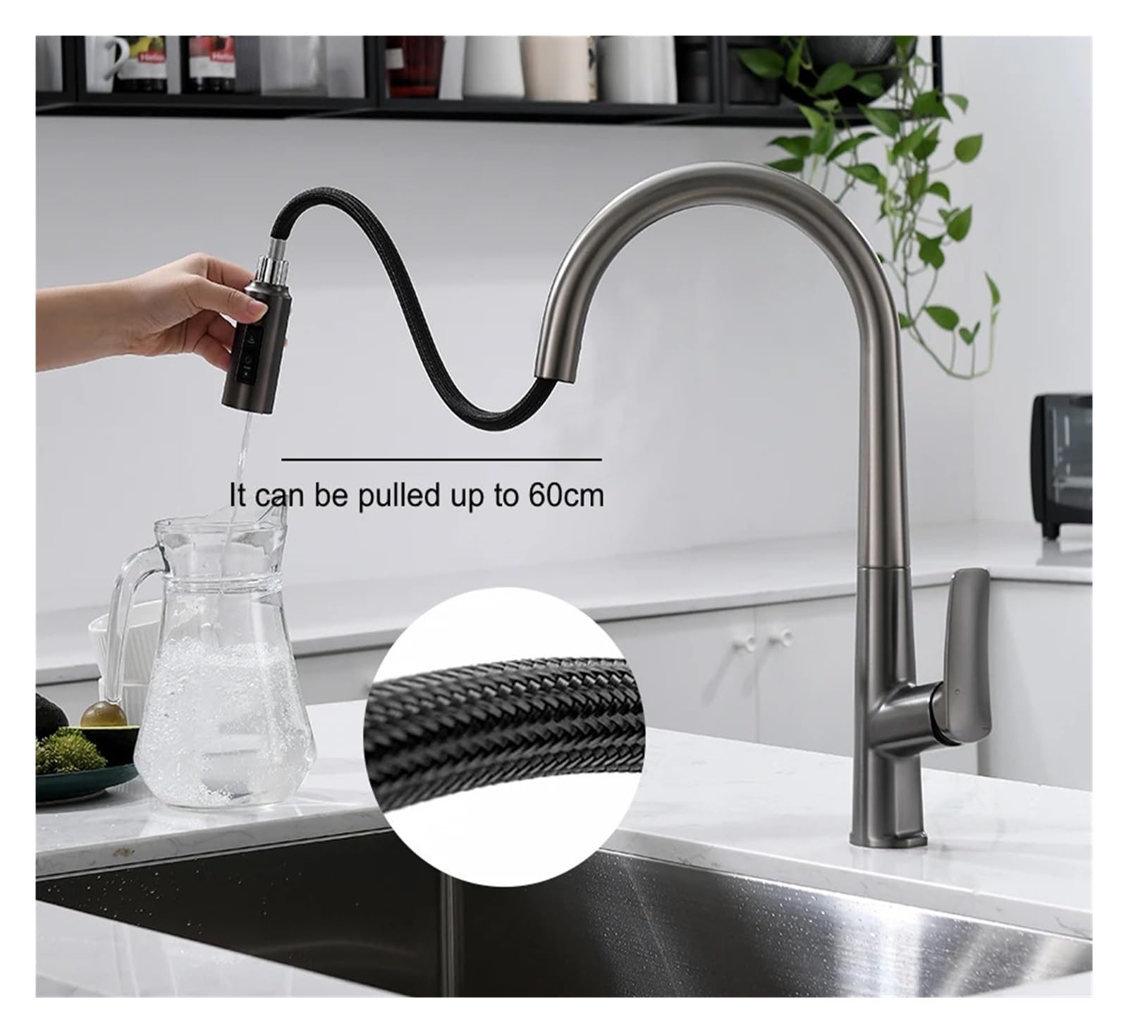 Bateria łazienkowa, Kran kuchenny z filtrem do wody, podwójna wylewka, czysta woda pitna, wyciągany mikser(Black Faucet)