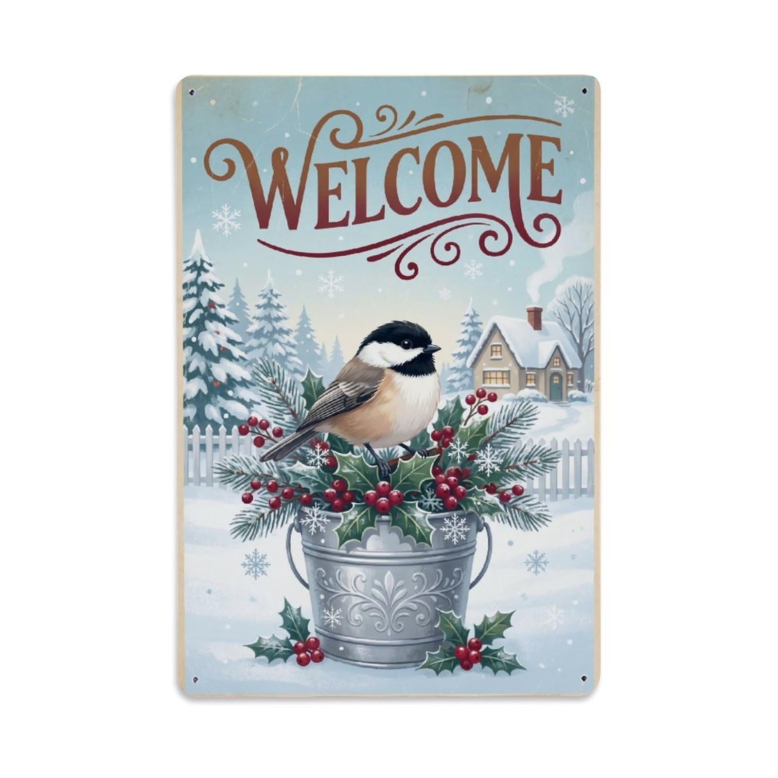 Cxhjca 8X12inch(20X30cm) Vintage Welcome Chickadee Cozy Cottage Metal Tin Sign