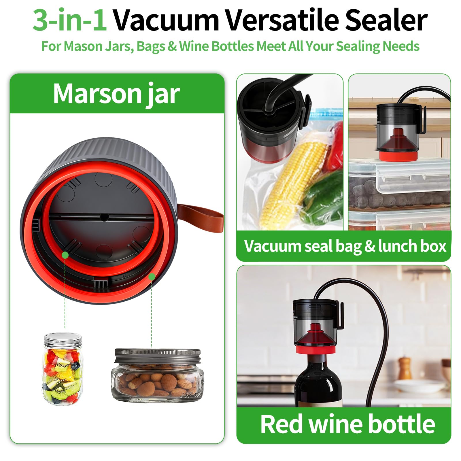 Kit de sellado al vacío eléctrico para tarros de boca ancha y regular, máquina selladora al vacío con succión de -80 kpa, funcionamiento automático con un solo botón para almacenamiento de
