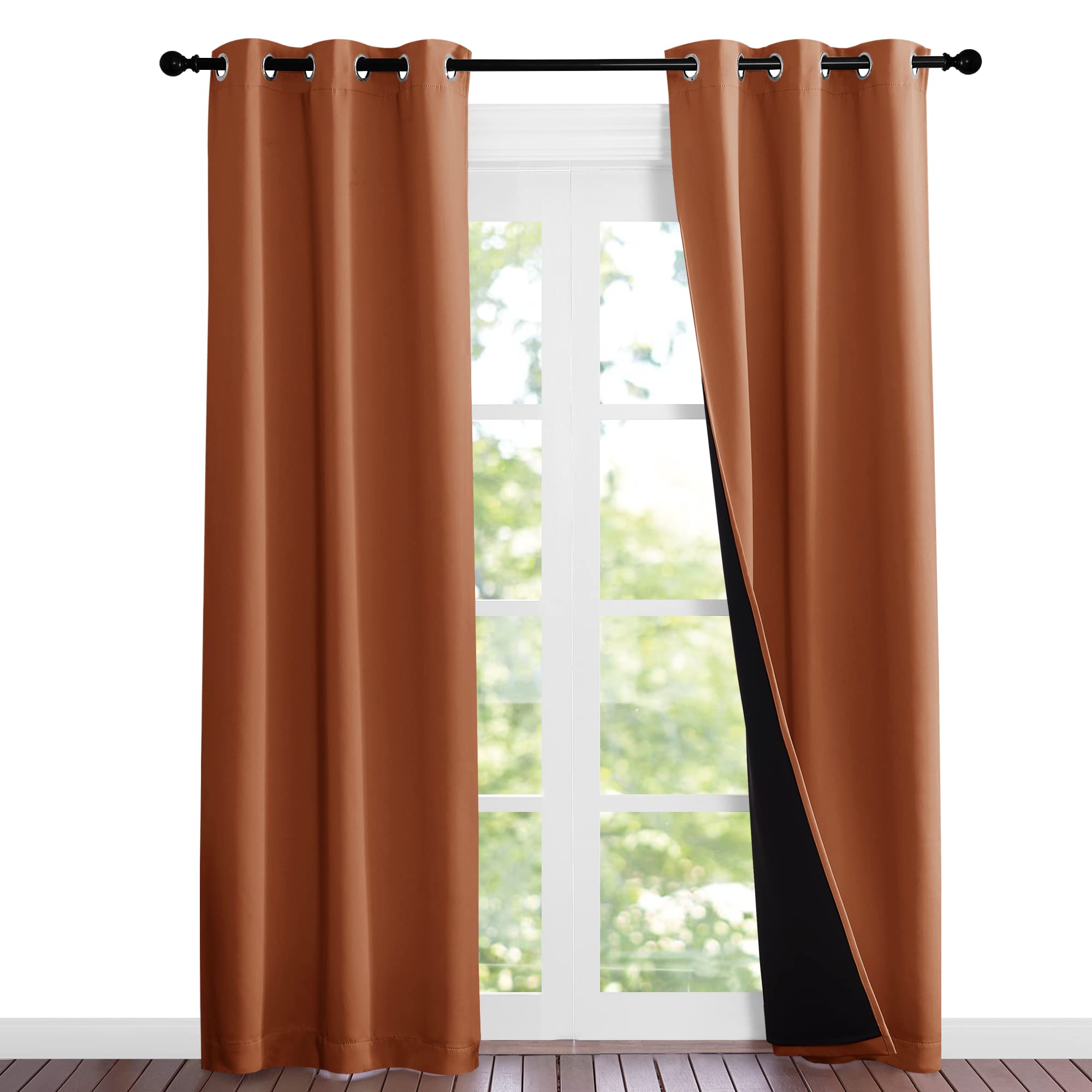 NICETOWN Burnt Orange Blackout Curtains 84 inches Long, Full Light Blocking Drapes with Black Liner for Nursery, Noise Reducing Thermal Insulated