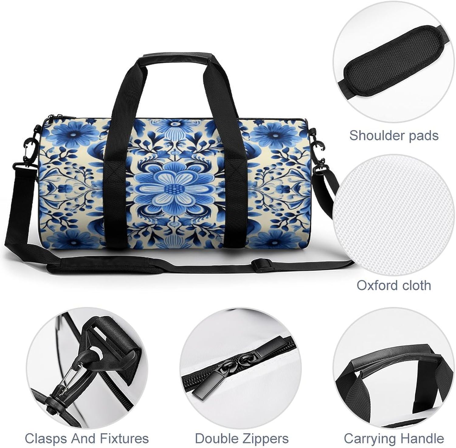 Aesthetic Sports Bag for Women Blue Folk Art Printed Duffle Travel Bag for Men Women Mini Workout Bags Cylindrical Gym Bag