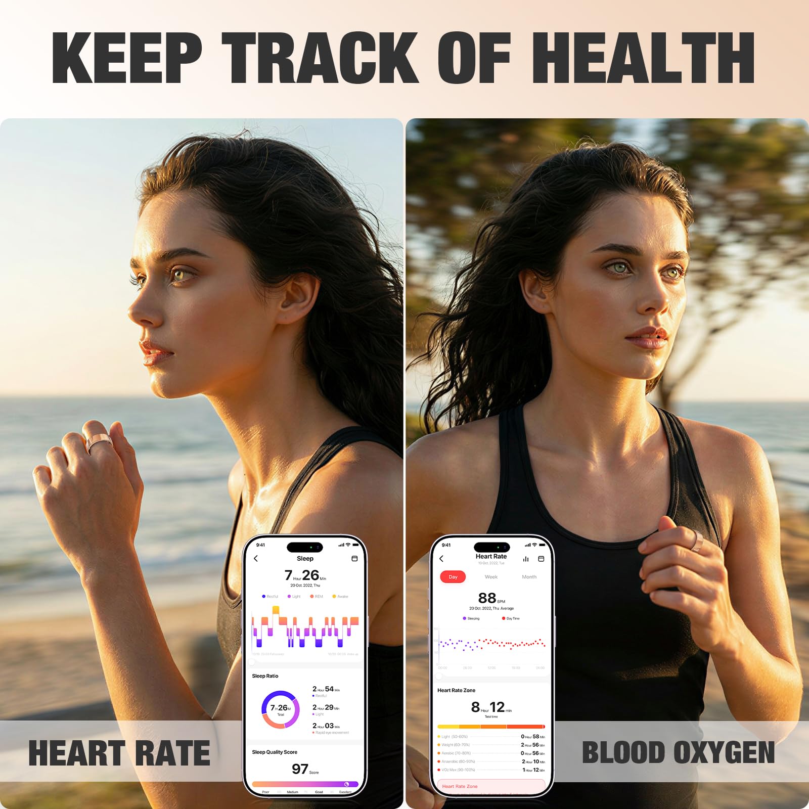 Moremore Anillo inteligente con frecuencia cardíaca, oxígeno en sangre, rastreador de sueño, rastreador de pasos, impermeable IP68, anillo de fitness para mujeres y hombres, compatible con iOS y