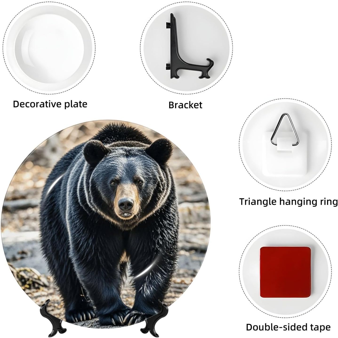 Bone China Decorative Plate with Display black bear Ceramic Plates Crafts Art Decor Dessert Plate Ceramic Ornament Porcelain Plates for Living Room Kitchen Table Home Decor