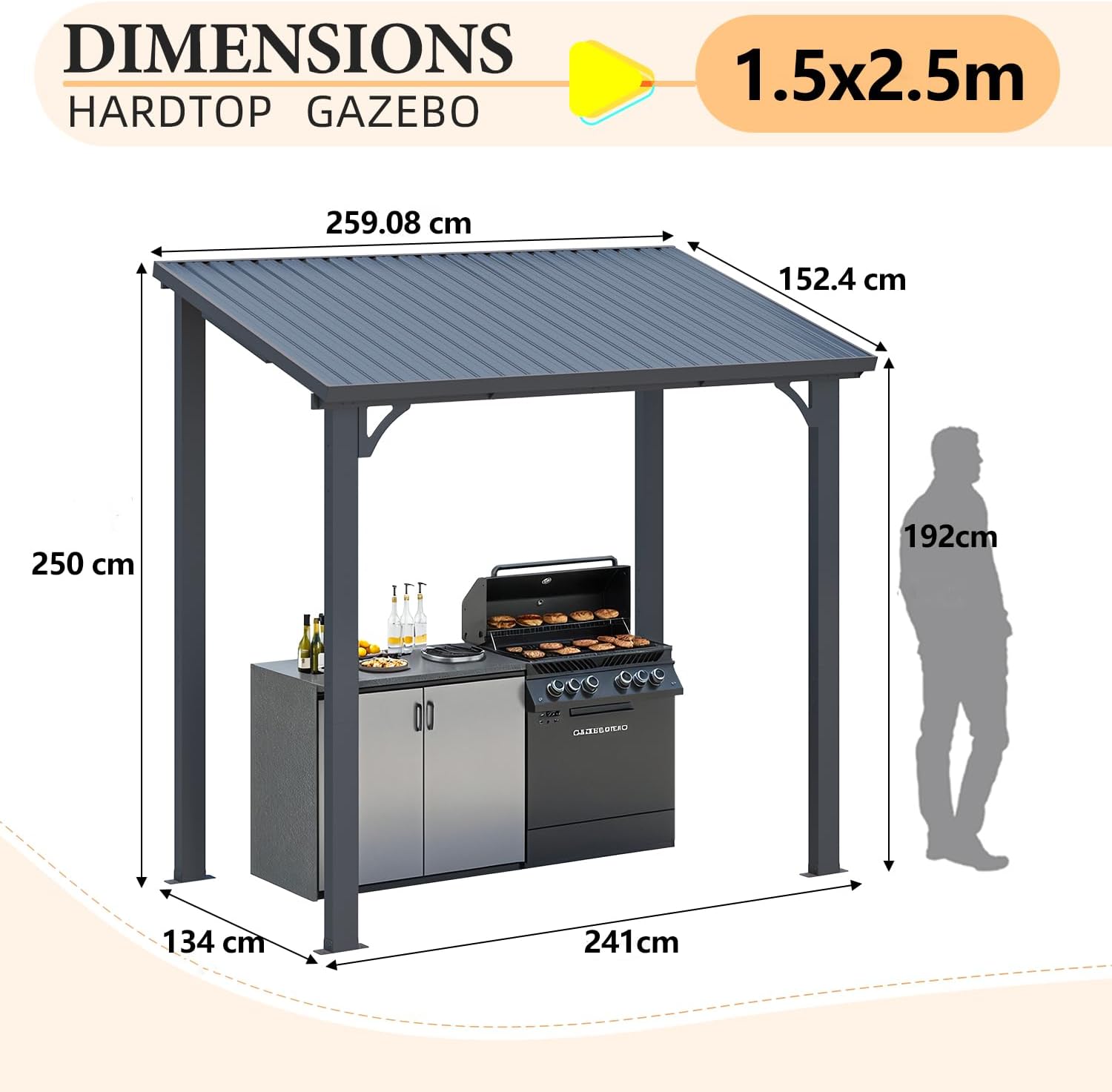 Diagram showing the dimensions of the 1.5x2.5m YODOLLA pergola.