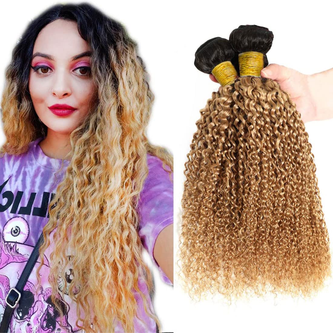 Ombre Hair Bundle 1b27 Curly Wave 3 Bundle 2-Tone Hair Extensions For Women Grade 8a Hair Weave Dark Brown Human Hair Bundle Unprocessed Virgin Hair Bundle 14 16 18 inch