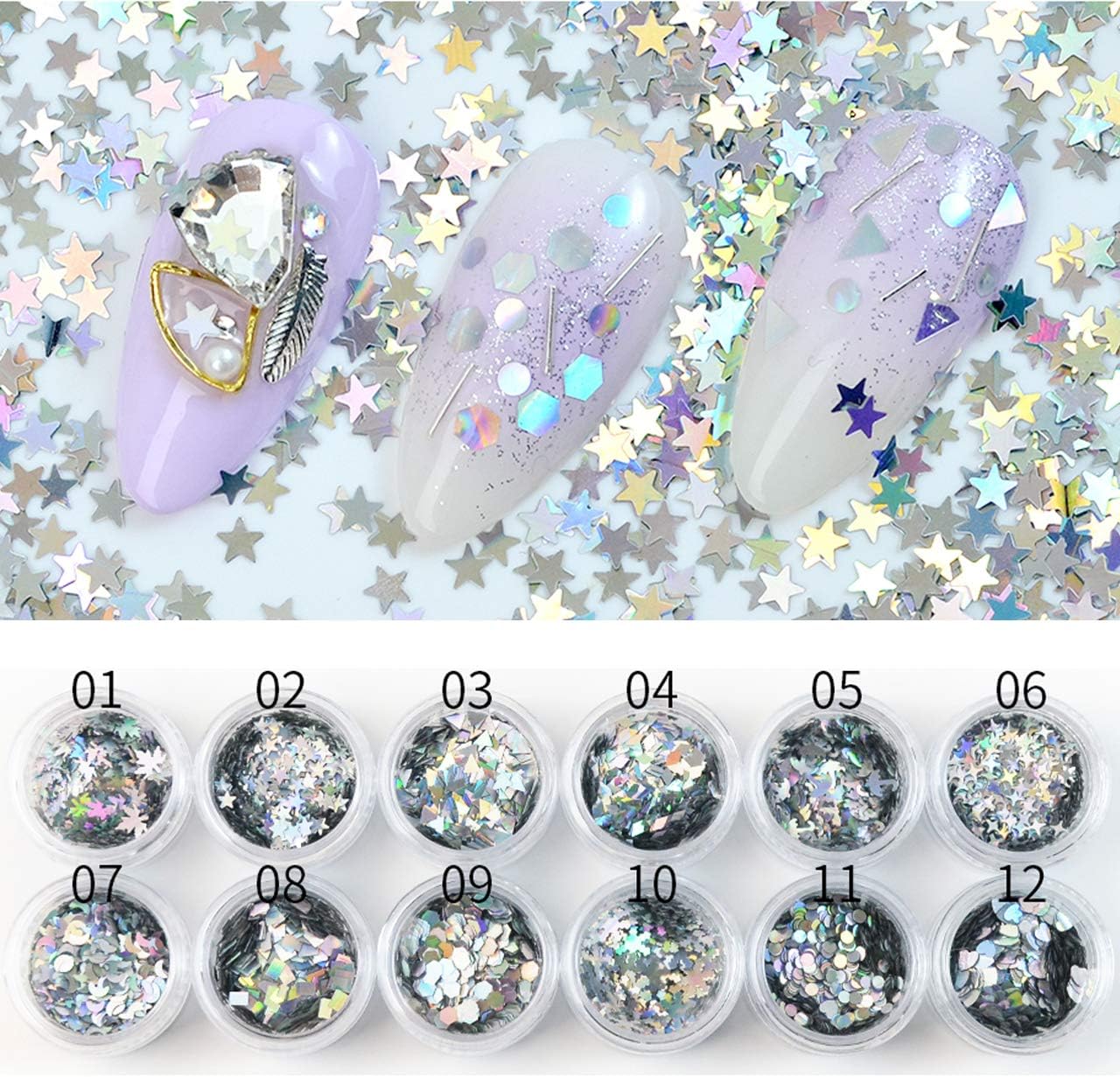 QIMYAR 3D Nail Art Holographic Laser Sequin Chunky Body Glitter Flakes Tips Manicure DIY Accessories 12 Pattern
