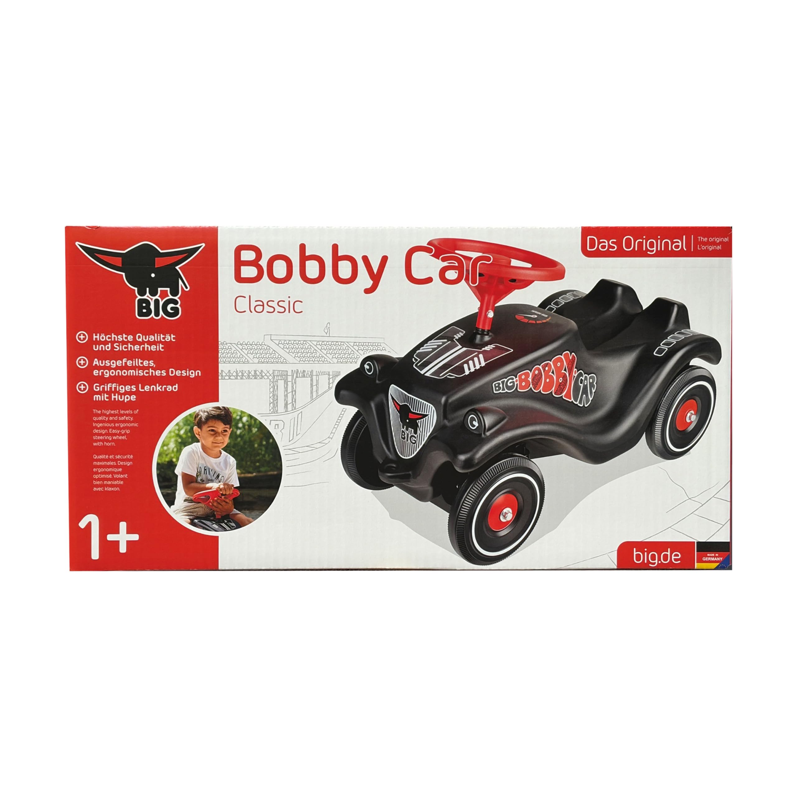 Big Bobby Car Classic GT - Coche Antideslizante con diseño de Carreras, Volante de Seguridad con claxon, Cuerpo ergonómico, Enganche de Remolque, vehículo Infantil, Color Negro y Rojo, a Partir de 12