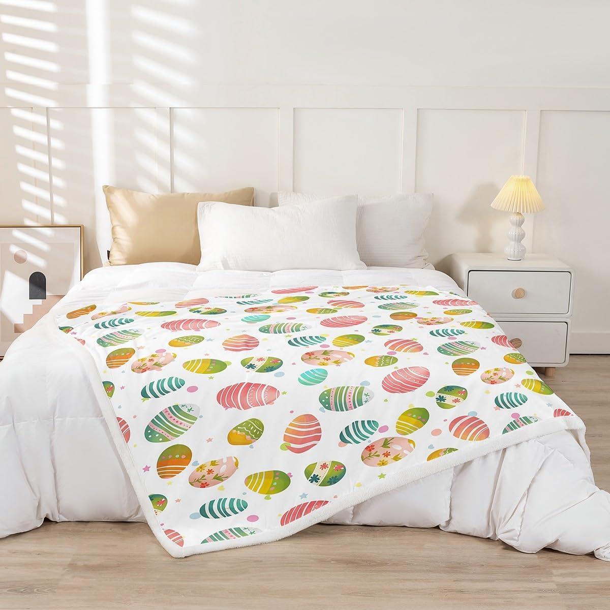 Happy Easter Kids Flannel Blanket,Watercolor Cute Eggs Floral Print Fuzzy Blanket for Children,Cartoon Holiday Stripes Geometric Polyester Throw Blanket for Couch, Twin Size (60 x 80 Inch)