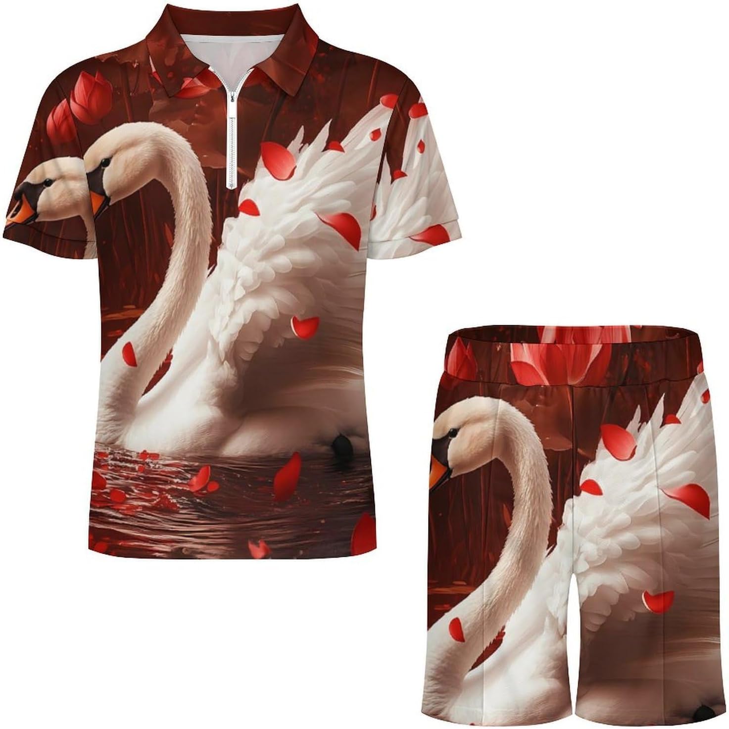 Lotuses Lake Swan Mens Polo Shirts Track Suits 2 Piece Short Sleeve Sweatsuit 1/4 Zip Golf Loungewear for Sports