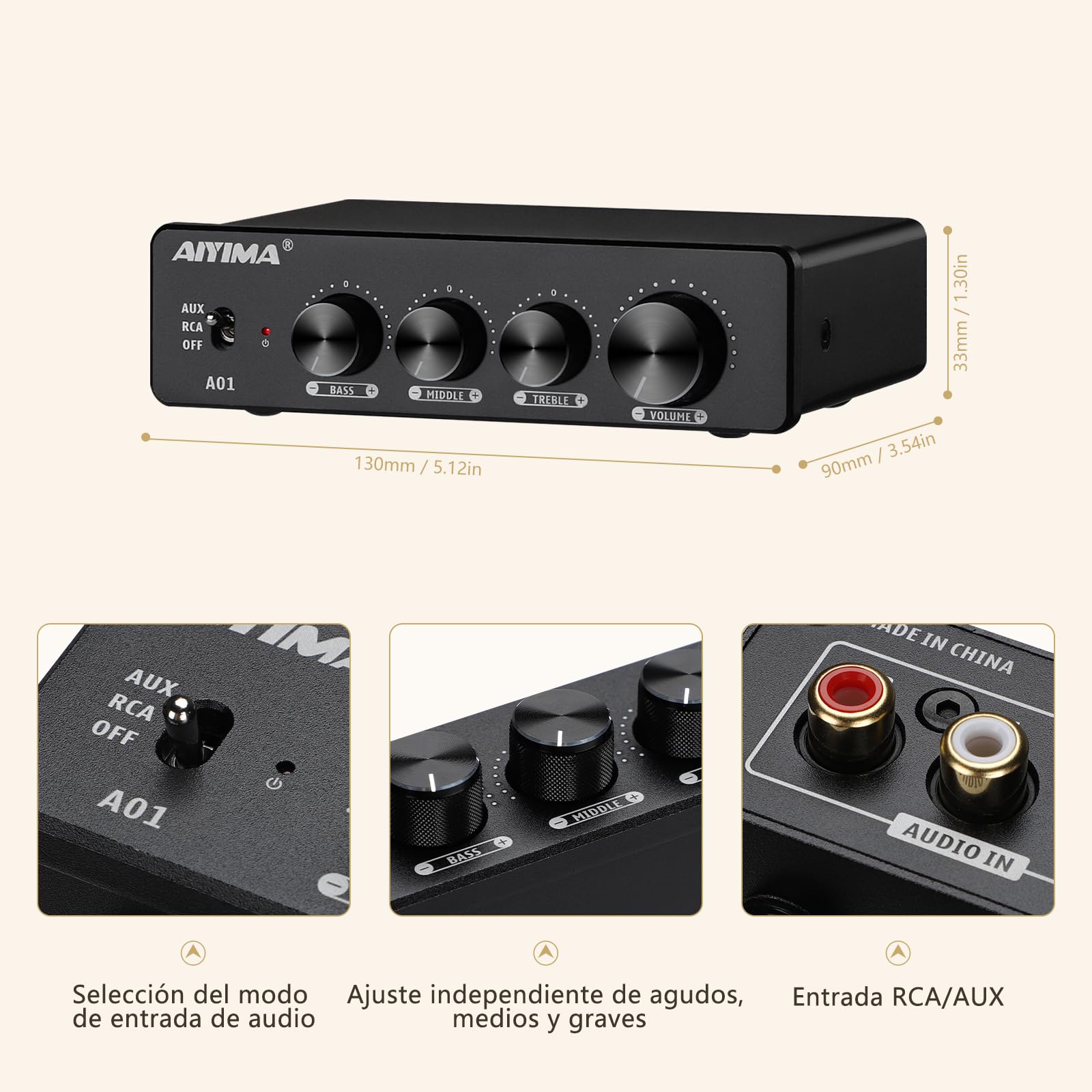 AIYIMA A01 TPA3116 Amplificador de potencia 2.0/2.1 CH Mini Amplificador Hi-Fi Clase D Amplificador integrado para altavoz doméstico Amplificador estéreo de 100 W con control de graves Alto Treble
