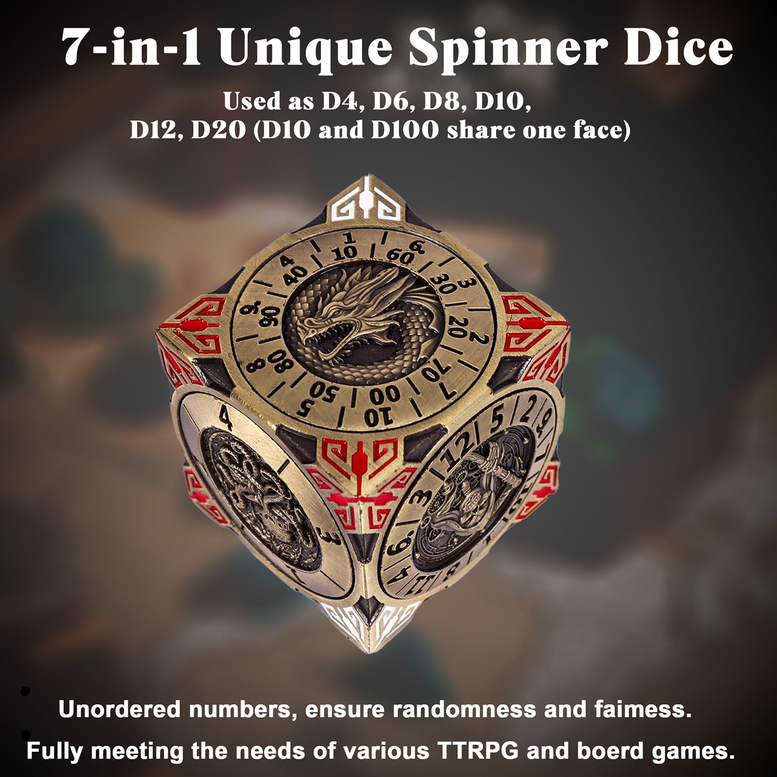 DND Spinner Dice - 7-in-1 Metal Dice Set including 3D Relief Dragon Design, Bronze, 4.3 cm - Image 3