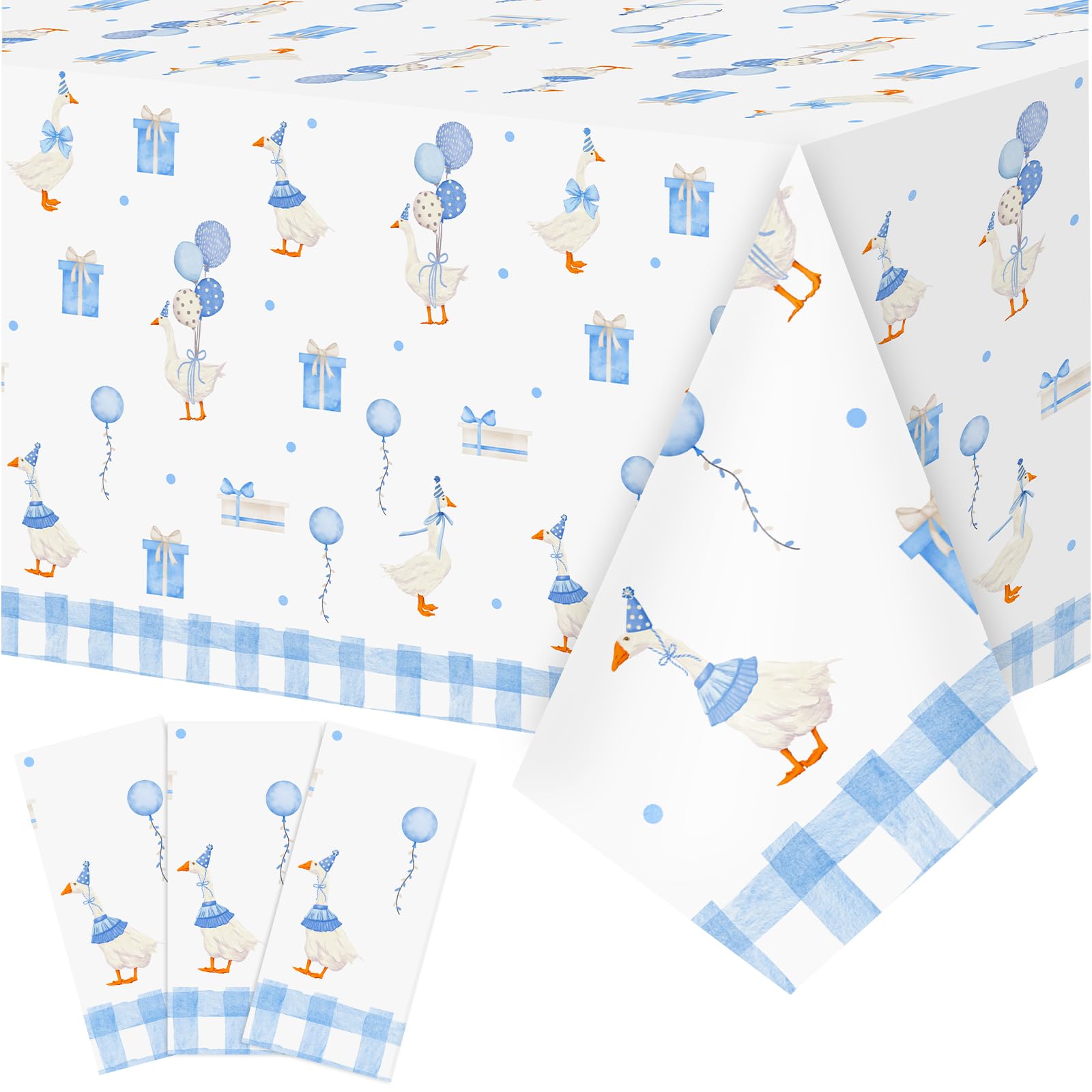 Oudain 3 Pcs One Silly Goose Birthday Decor Tablecloth Waterproof Plastic Table Covers Goose Decor for Birthday Party Baby Shower 54x108 Inch (Blue)