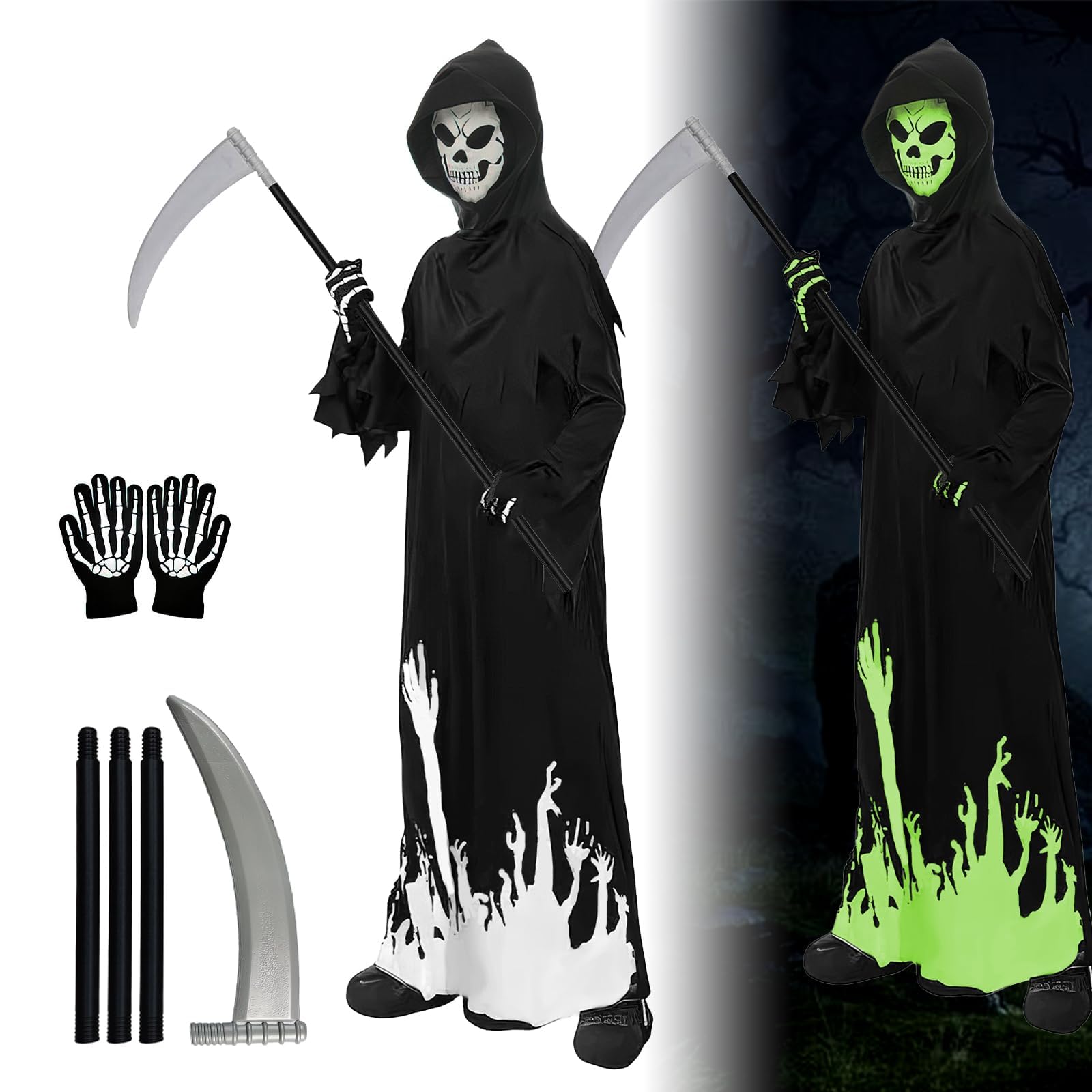 PINKE Halloween Grim Reaper Set, Grim Reaper Costume, Halloween Child Ghost Costumes, Grim Reaper Costume for Halloween, Glow in the Dark Deluxe Phantom Reaper Costumes for Carnival