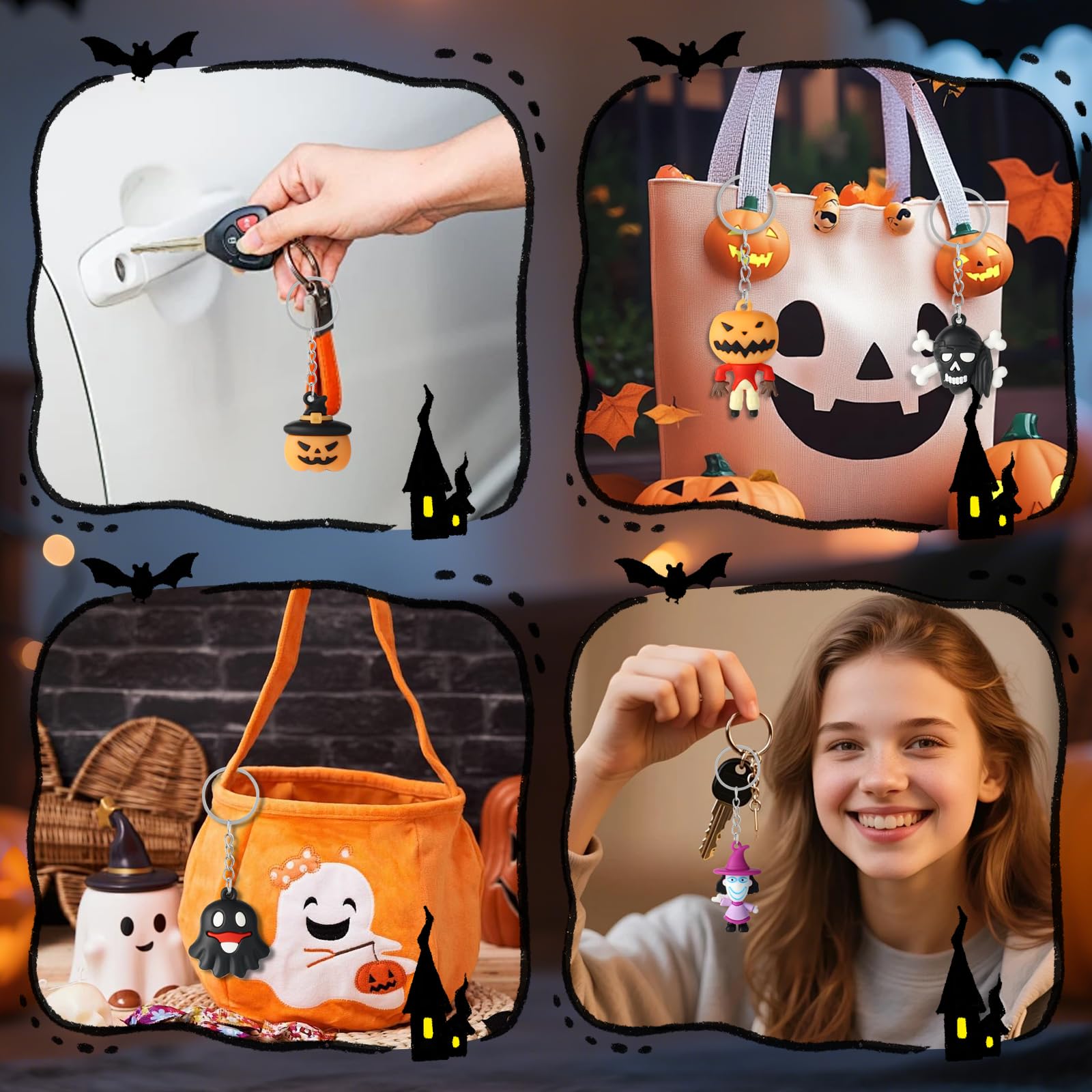 Becfupo 24 Pcs Halloween Cute Keychains Bulk, Ghost Pumpkin Bat