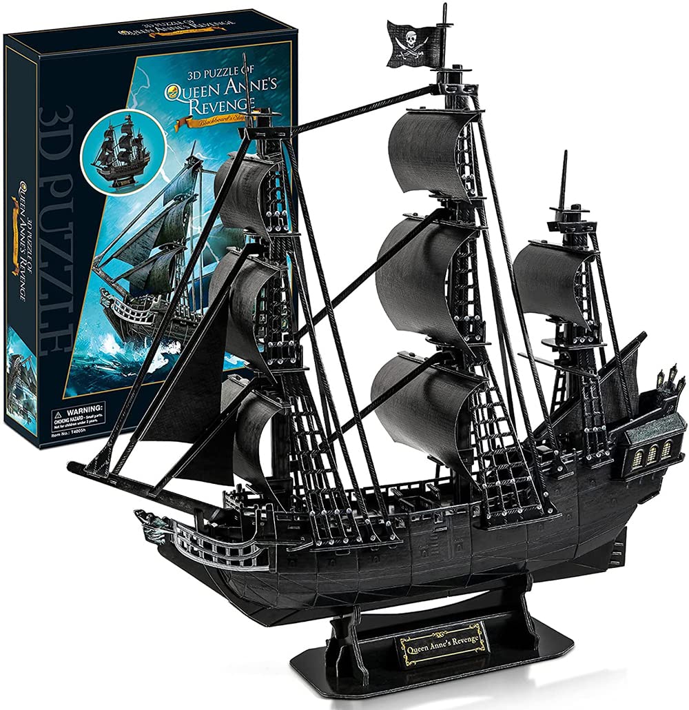 KASTWAVE 3D Puzzles for Adults Black Pirate Ship Model Kit, Third Generation Upgrade Queen Anne's Revenge Sailboat Building Kits Family Puzzle, Watercraft Desk Decor Gifts for Women Men, 180 Pieces