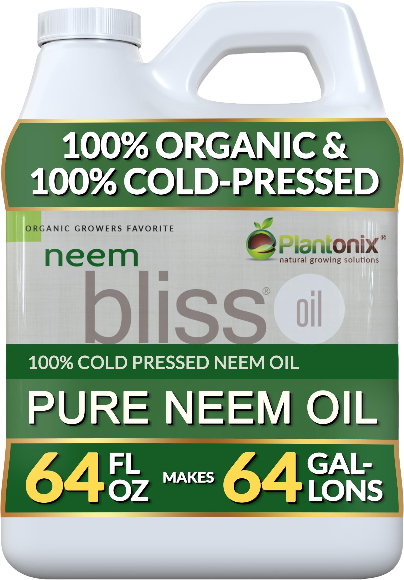 plantonix Neem Bliss (64 Fl Oz) – 100% Cold Pressed Neem Oil Concentrate - Pure, Unrefined, and Organic Neem Oil for Skin Care, Hair Care, and Scalp - Moisturizing Beauty Essentials