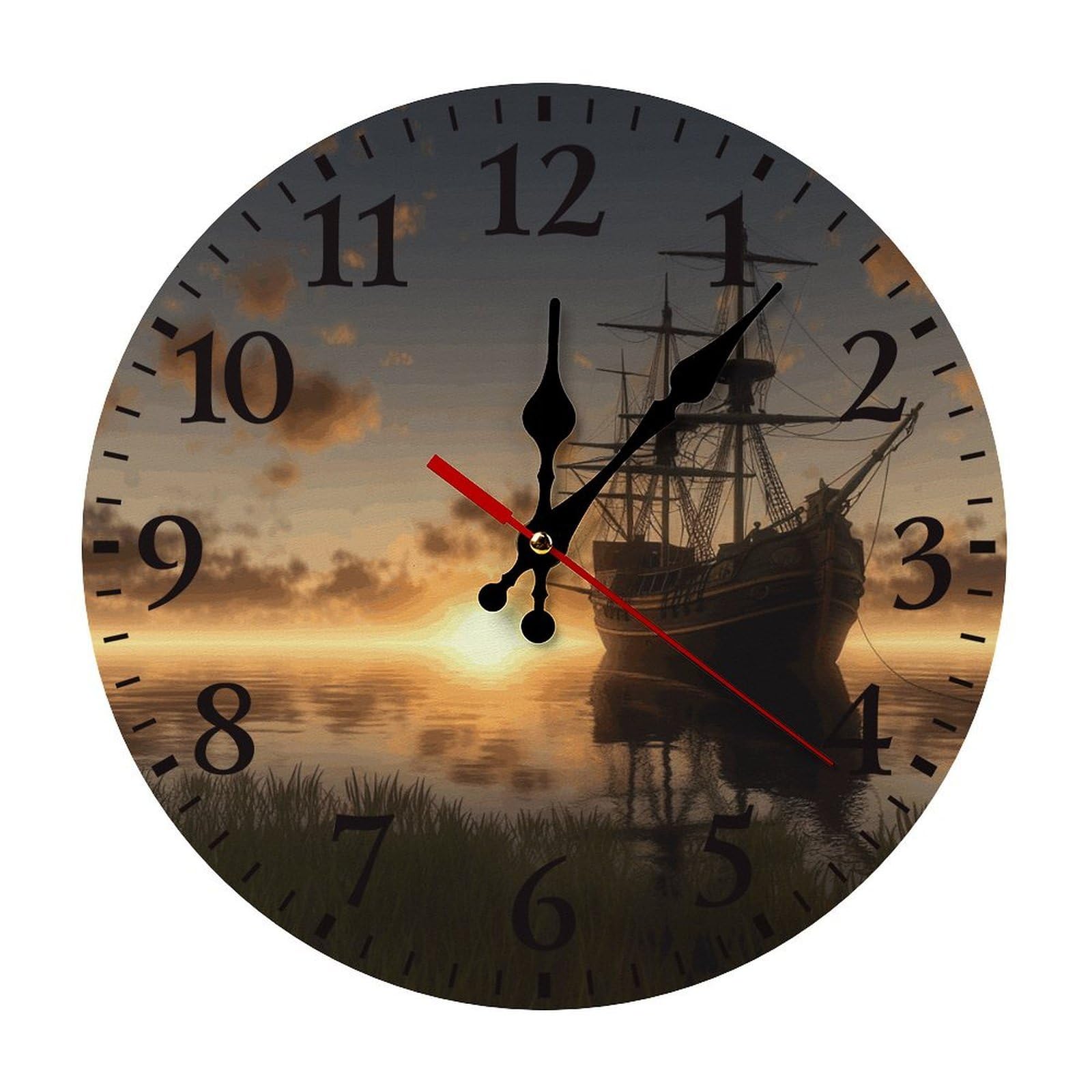 NTVOWPZO 10 Inch Wall Clock Ship in The Lake Sunset Battery Operated Wall Clocks Silent Non-Ticking Round Wall Clock for Living Room Kitchen Home Office Wall Decorative Clock