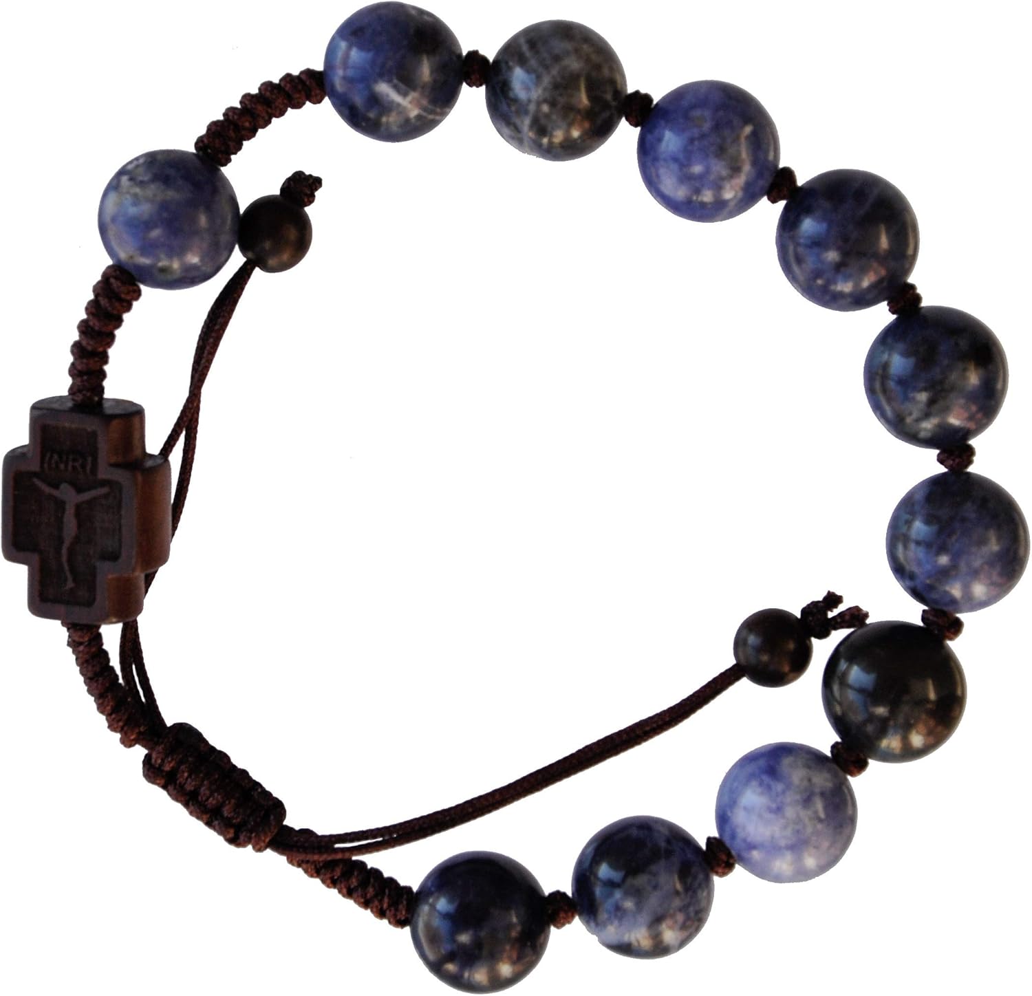 Sine Cera Sodalite Stone/Jujube Wood 1 Decade Catholic Rosary Bracelet with Double-sided Laser Engraved Centerpiece with Crucifix and Madonna with Child, Durable Adjustable Corded Design, Smooth Round 10mm Beads