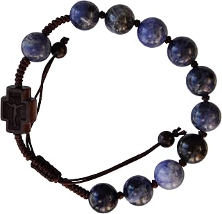 Sine Cera Sodalite Stone/Jujube Wood 1 Decade Catholic Rosary Bracelet with Double-sided Laser Engraved Centerpiece with Crucifix and Madonna with Child, Durable Adjustable Corded Design, Smooth Round 10mm Beads