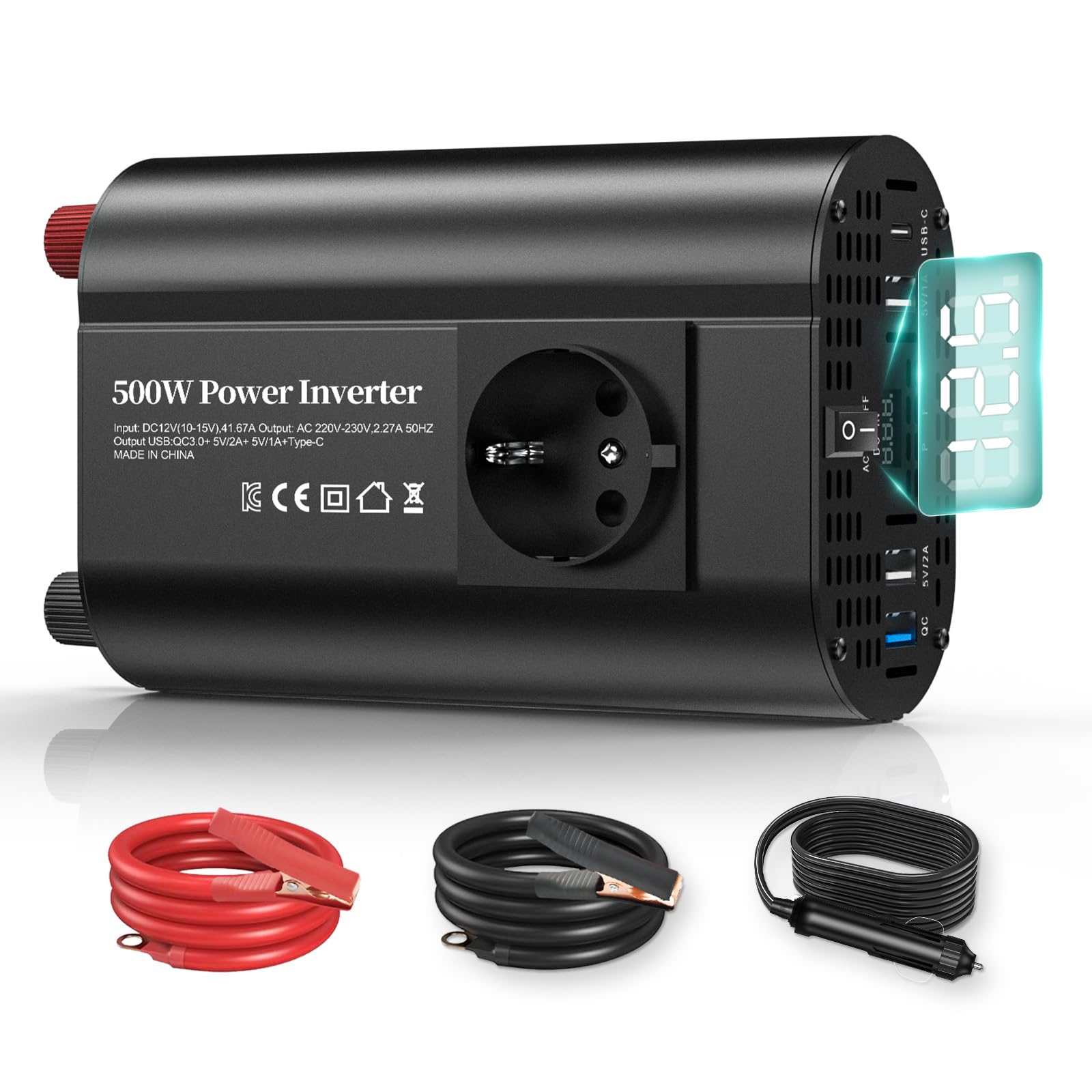 500W inverter 12v 220v, inverter auto con 1 presa, tipo C 30W, ricarica rapida USB 25W, 3 porte USB, display LED