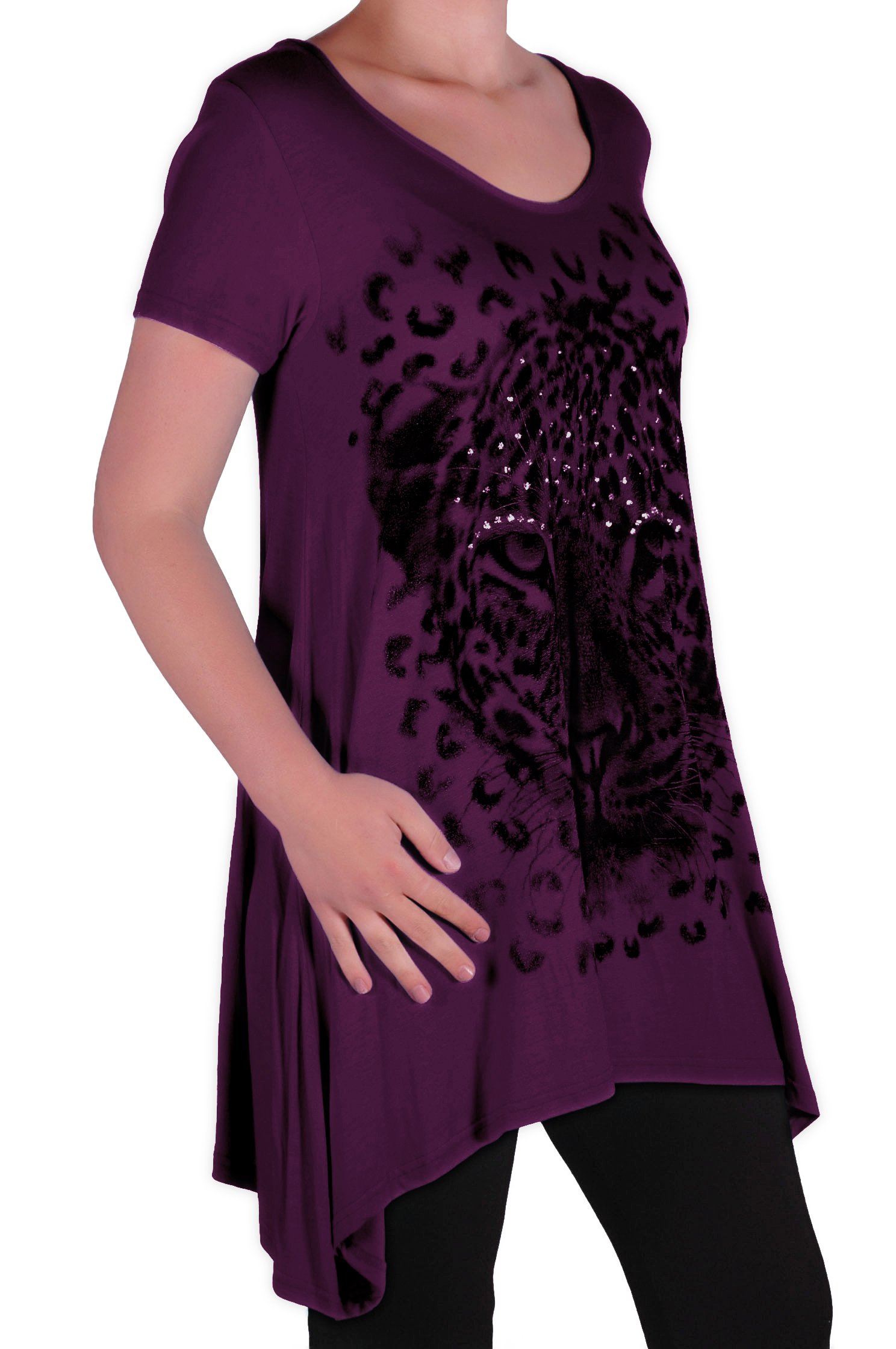 Eye Catch Women's Aubergine Plus - Graphic Tiger Long Draped Sparkle Short Sleeve Stretch Top - Comfortable And Adjustable - Sizes 14-28