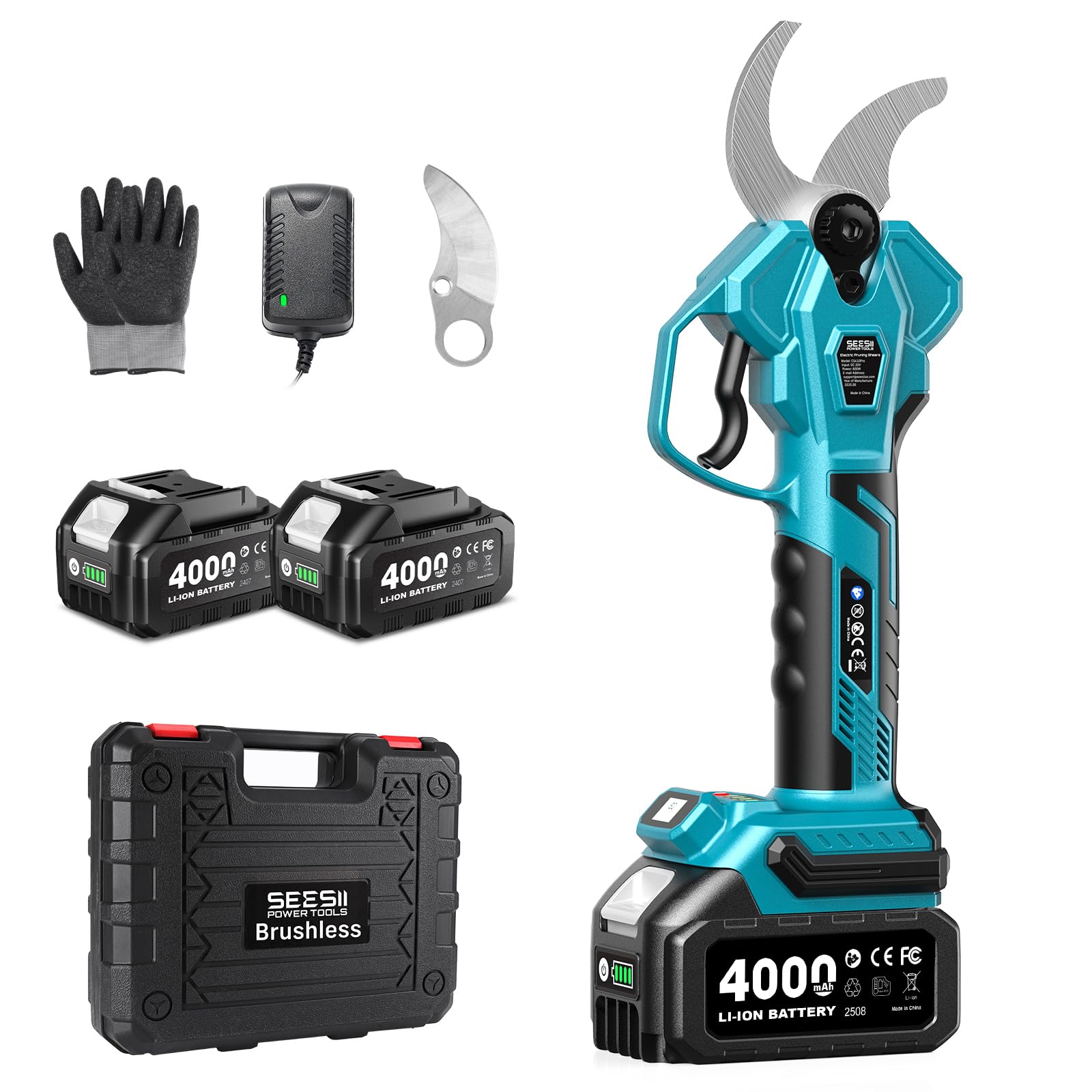 SEESII Akku Astschere 40 mm – Elektrische Gartenschere mit 2 * 4000 mAh Akkus, SK5-Klinge, Bürstenlosem Motor, LCD-Anzeige, Für Obstgärten, Landschaftspflege und Professionelle Gartenarbeiten, CS440