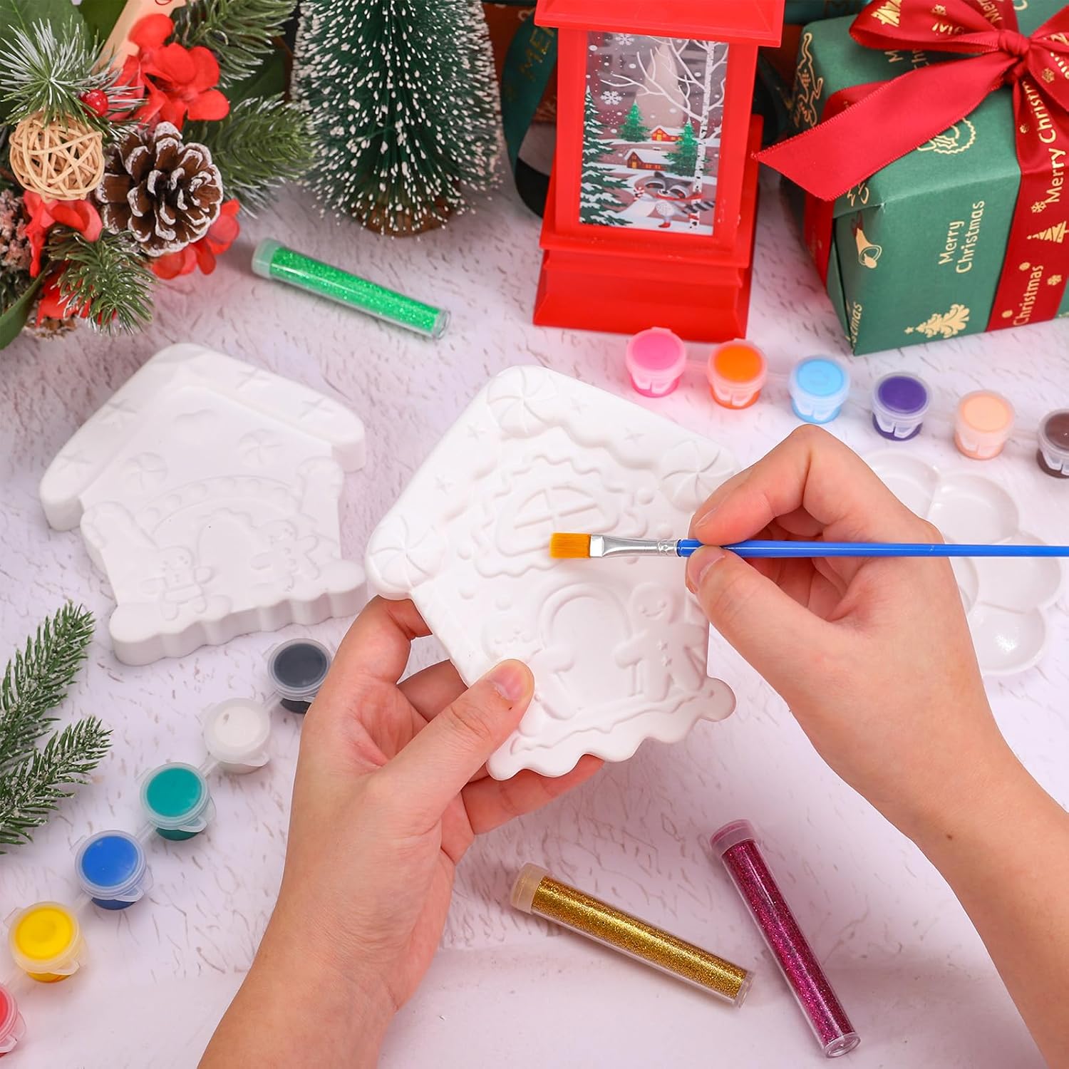 Whaline 6 Set Christmas Ceramic Gingerbread House to Paint Craft Kit, Unpainted Xmas Village House Plaster Keepsake Statues with Palette Brush for Winter Holiday Party DIY Art Project Decor