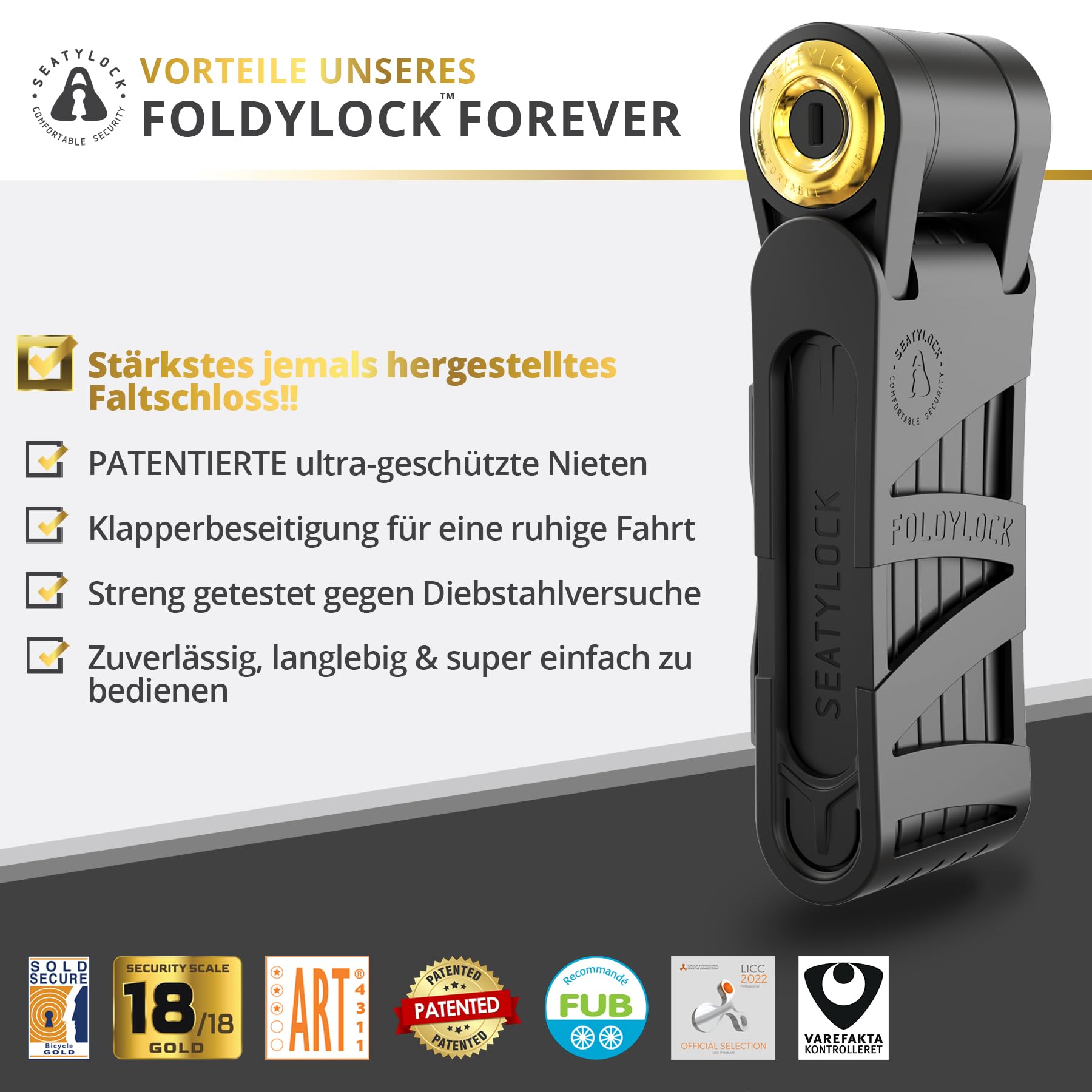 FoldyLock Forever Fahrradschloss mit Schlüssel – Patentiertes Faltschloss mit Halterung - Testsieger Sold Secure Gold Fahrrad Zubehör - Hohe Sicherheit für City Bikes und eBike – 90 cm