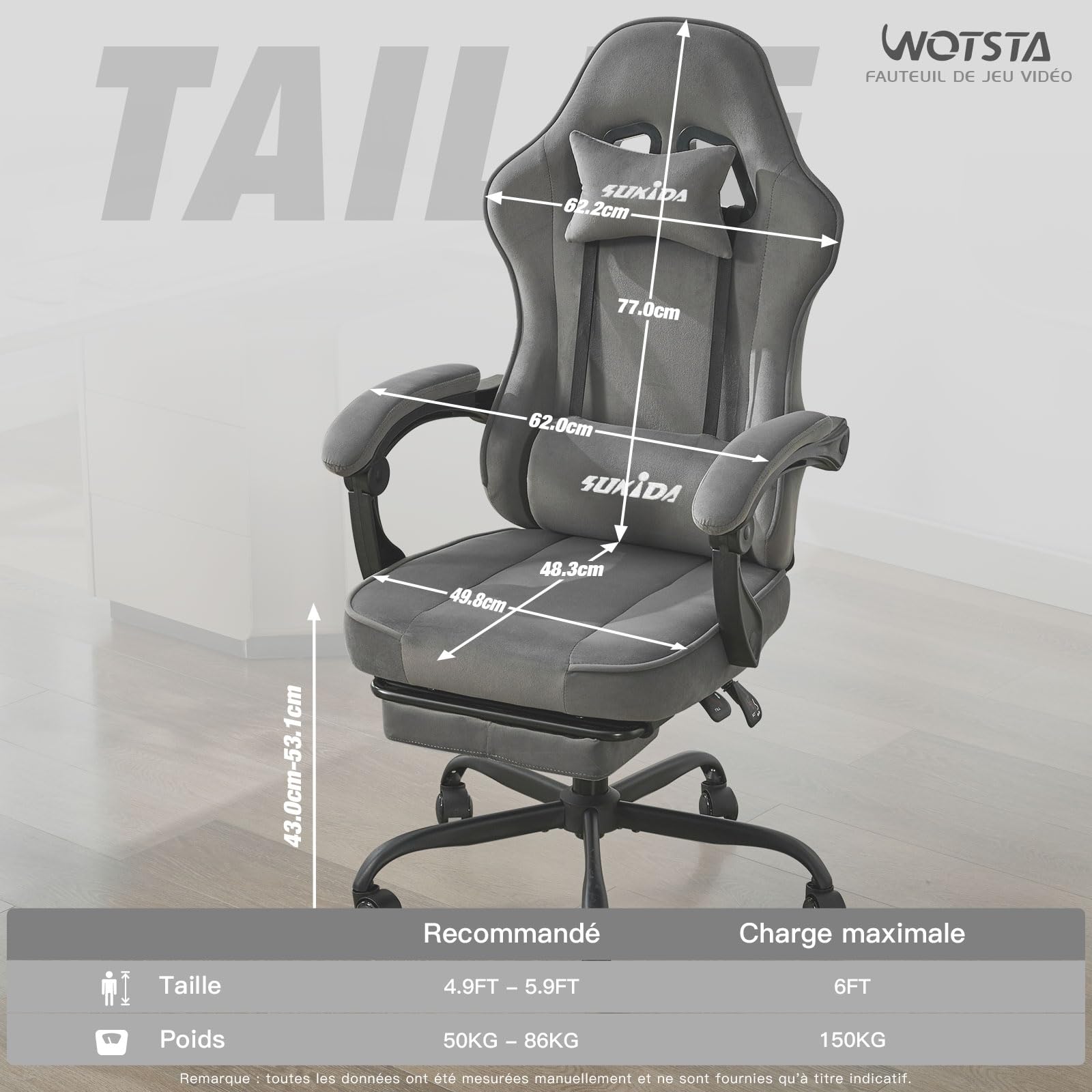 SUKIDA Chaise de gaming en tissu, Chaise de gaming ergonomique avec repose-pieds, Chaise de course informatique réglable avec support lombaire, Gris Chaise PC ergonomique