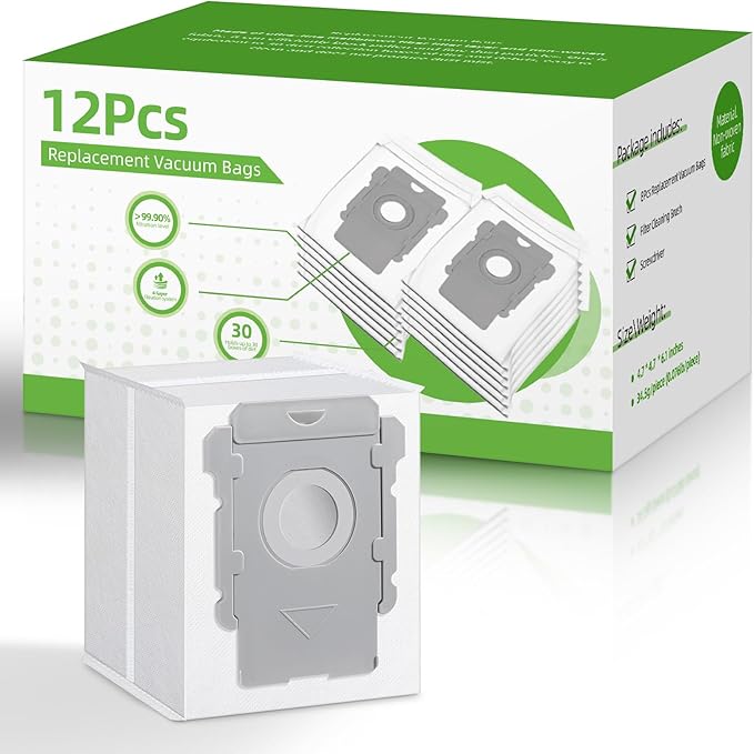 12 Pack Vacuum Bags for iRobot Roomba, Effective Dust Filtration, Compatible with i3+ i4+ i5+ i6+ j6+ i7+ j7+ i8+ J8+ J9+ s9+ 104 105 405 505 705 Combo & All Clean Base Auto Dirt Disposal bag