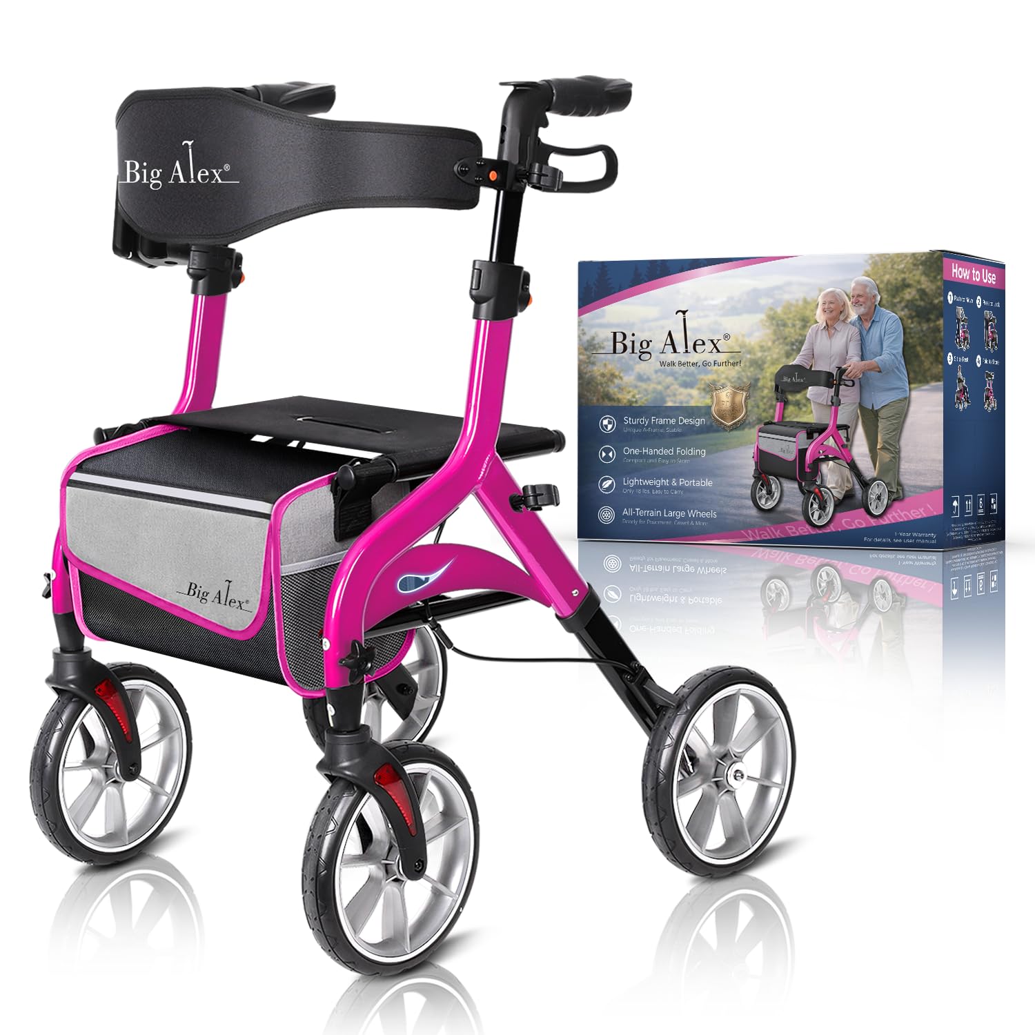BigAlex Foldable Rollator Walker with Seat, Lightweight Aluminum Rolling Walker for Seniors, 10" Large Wheels for All Terrain, Removable Backrest,Cane Holder Supports Various Canes, Pink