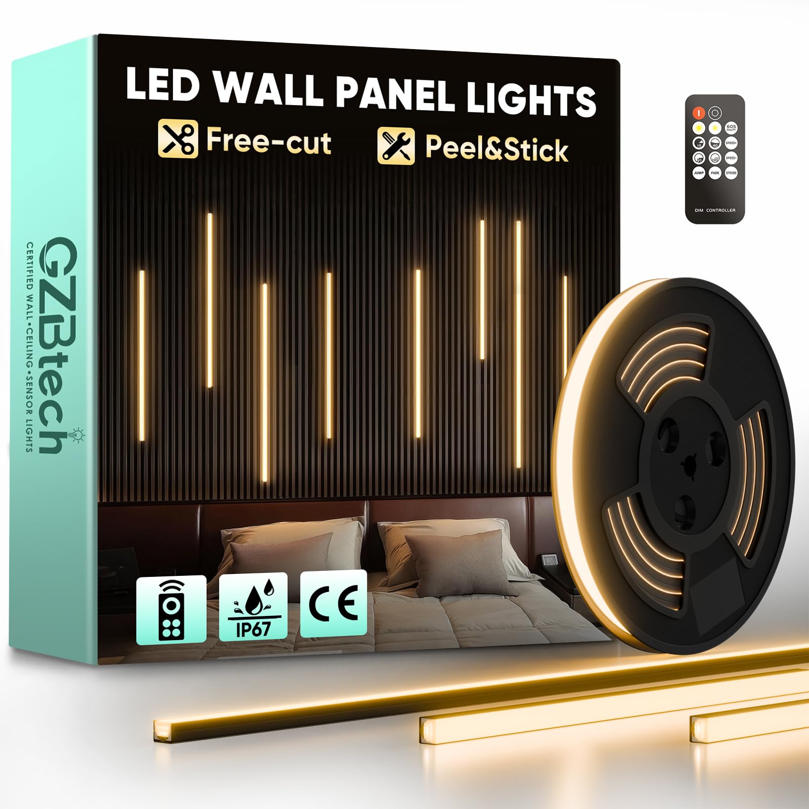 GZBtech Flexible LED Recessed Strip Light for Wood Slat Wall Panels 3M, 3000K Warm White Cuttable Neon Rope Lighting with Remote Control, Dimmable IP67 Waterproof Black Strip Lights